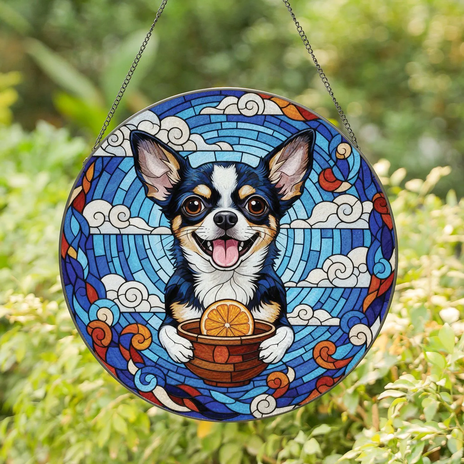 Tricolor Chihuahua Dog Orange Slice Bowl - Home Decor Gift for Dog Lover Stained Glass Suncatcher - 1