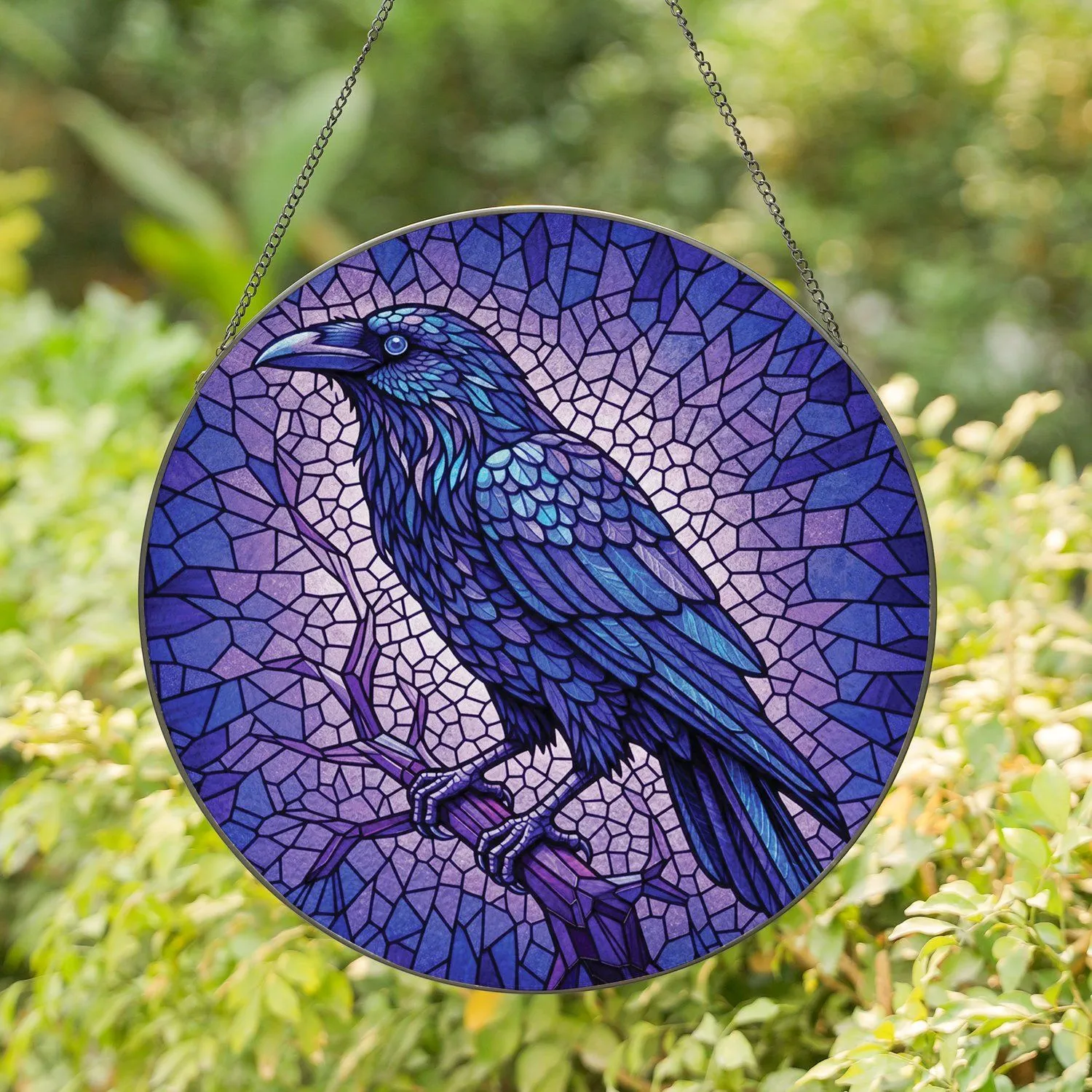 Blue Purple Raven Stained Glass Fractured Shapes - Home Decor Gift for Bird Lovers Stained Glass Suncatcher - 1
