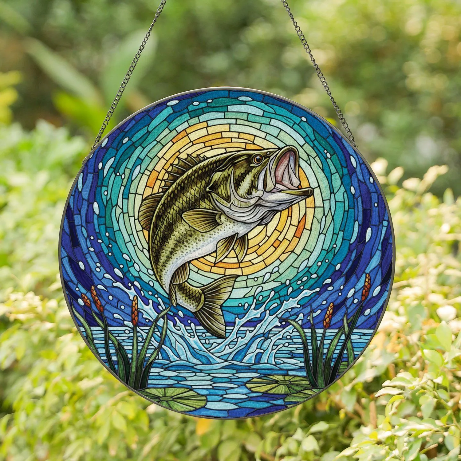 Large Bass Leaping Water Spray Swirling Mosaic Aquatic Reeds - Wildlife Fishing Home Decor Gift Stained Glass Suncatcher - 1