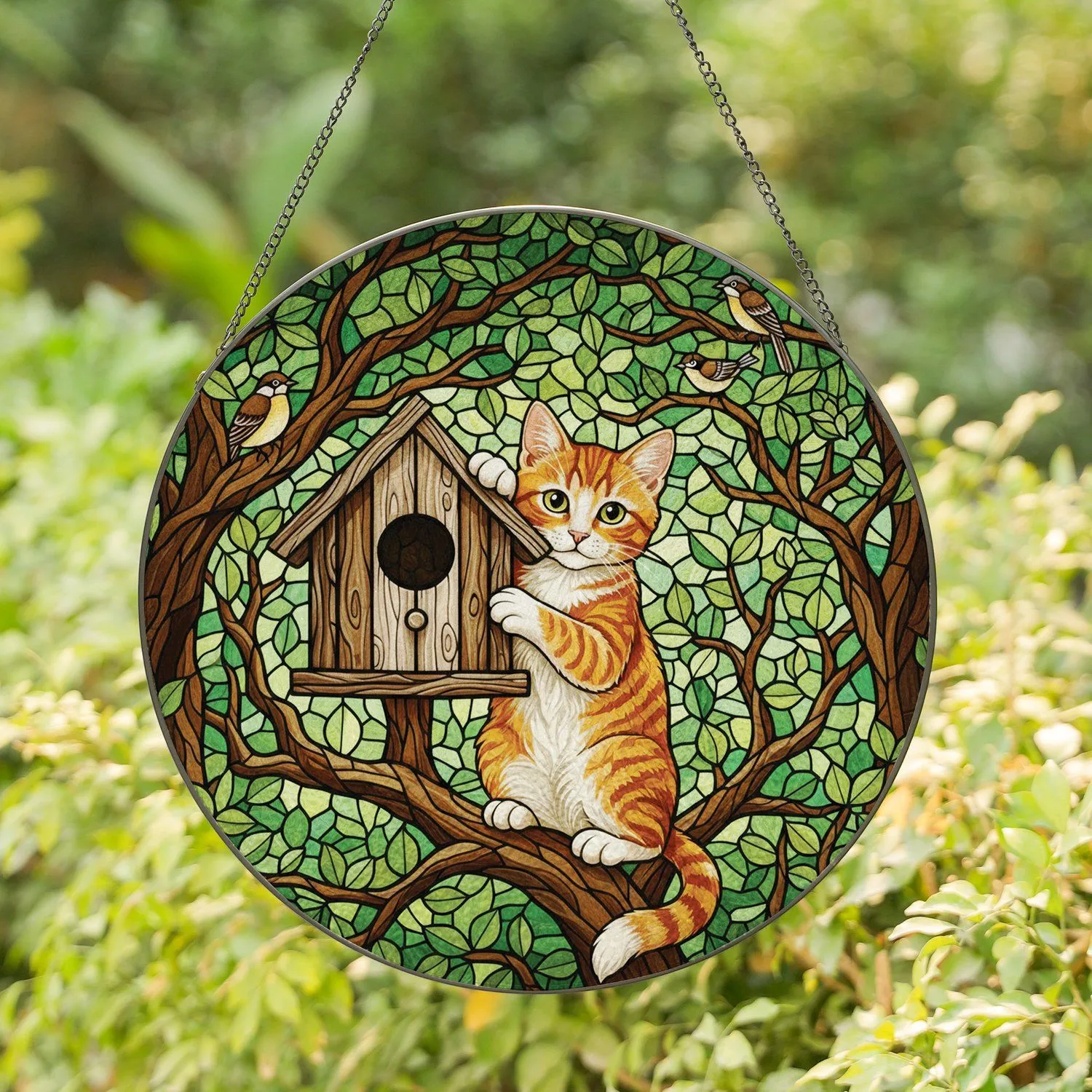 Ginger Tabby Kitten Resting Birdhouse Forest Scene Wildlife Lover Home Decor Gift Stained Glass Suncatcher - 1