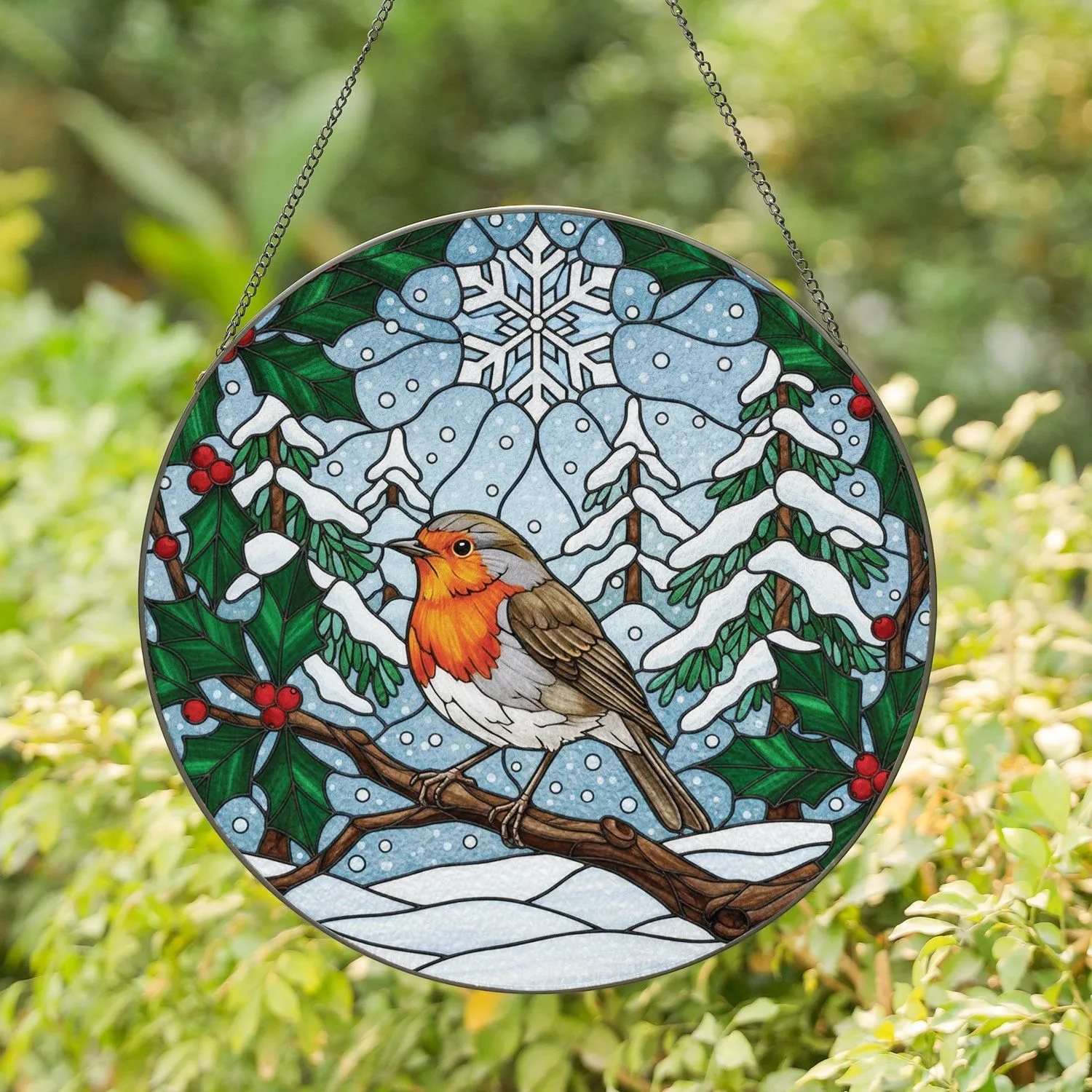 European Robin Holly Berries Winter Snowflake - Christmas Gift Wildlife Lover Stained Glass Suncatcher - 1