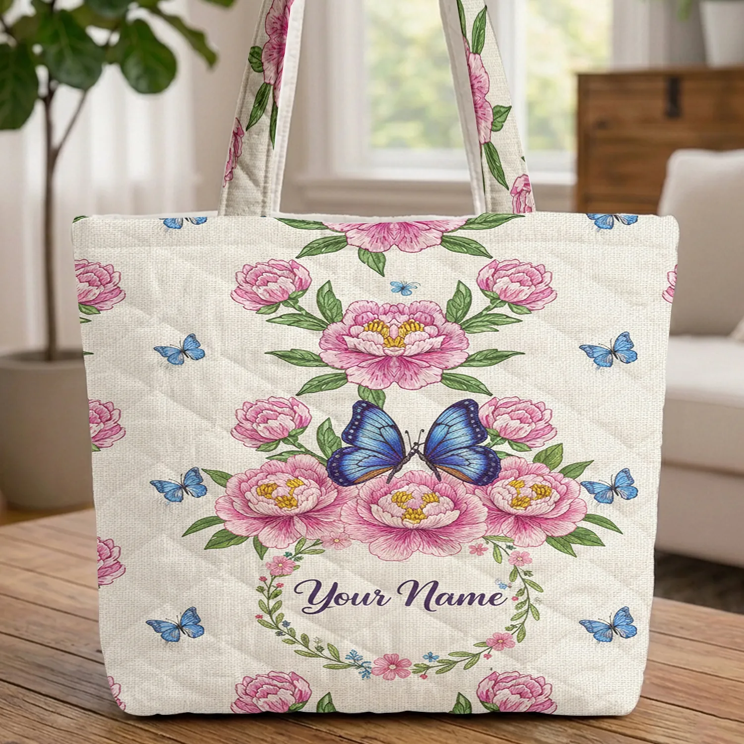 Peonies Butterflies Floral Wreath Everyday Carry Gift Quilted Tote Bag - 1