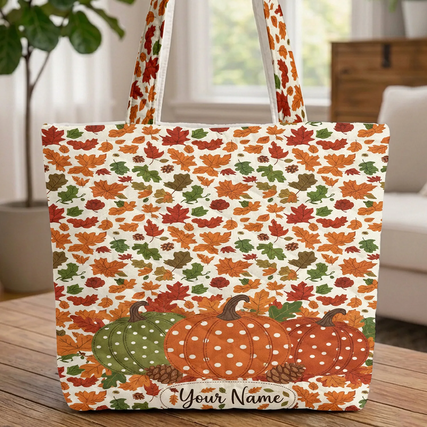 Personalized Polka Dot Pumpkins Fall Leaves Pine Cones - Everyday Carry Gift Quilted Tote Bag - 1