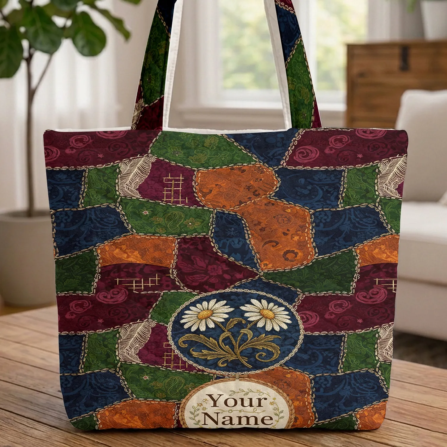Vintage Patchwork Daisies Medallion Floral Hoop Frame - Everyday Carry Gift Quilted Tote Bag - 1