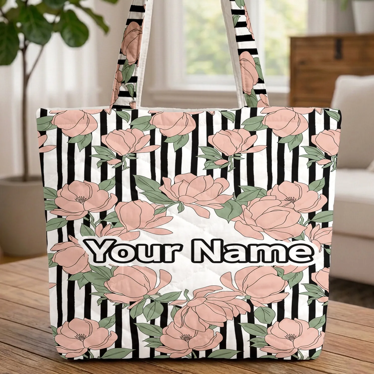 Blush Pink Magnolia Sage Green Name Wreath with Black White Stripes - Everyday Carry Gift Quilted Tote Bag - 1