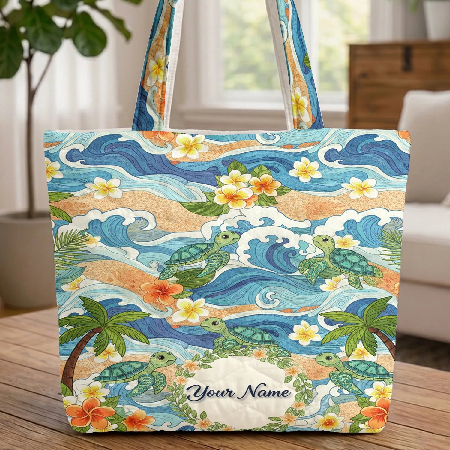 Sea Turtles Plumeria Palm Trees - Everyday Carry Gift for Ocean Lovers Quilted Tote Bag - 1
