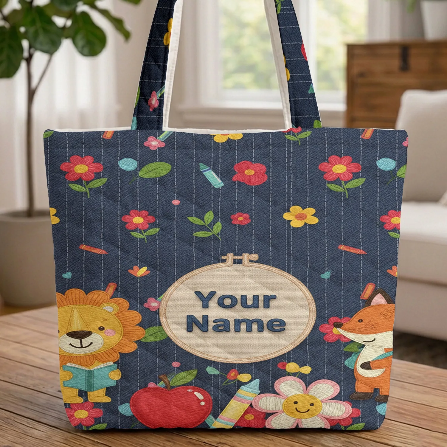 Red Apple Crayon Daisy Denim Pinstripe - Back to School Gift for Students Quilted Tote Bag - 1