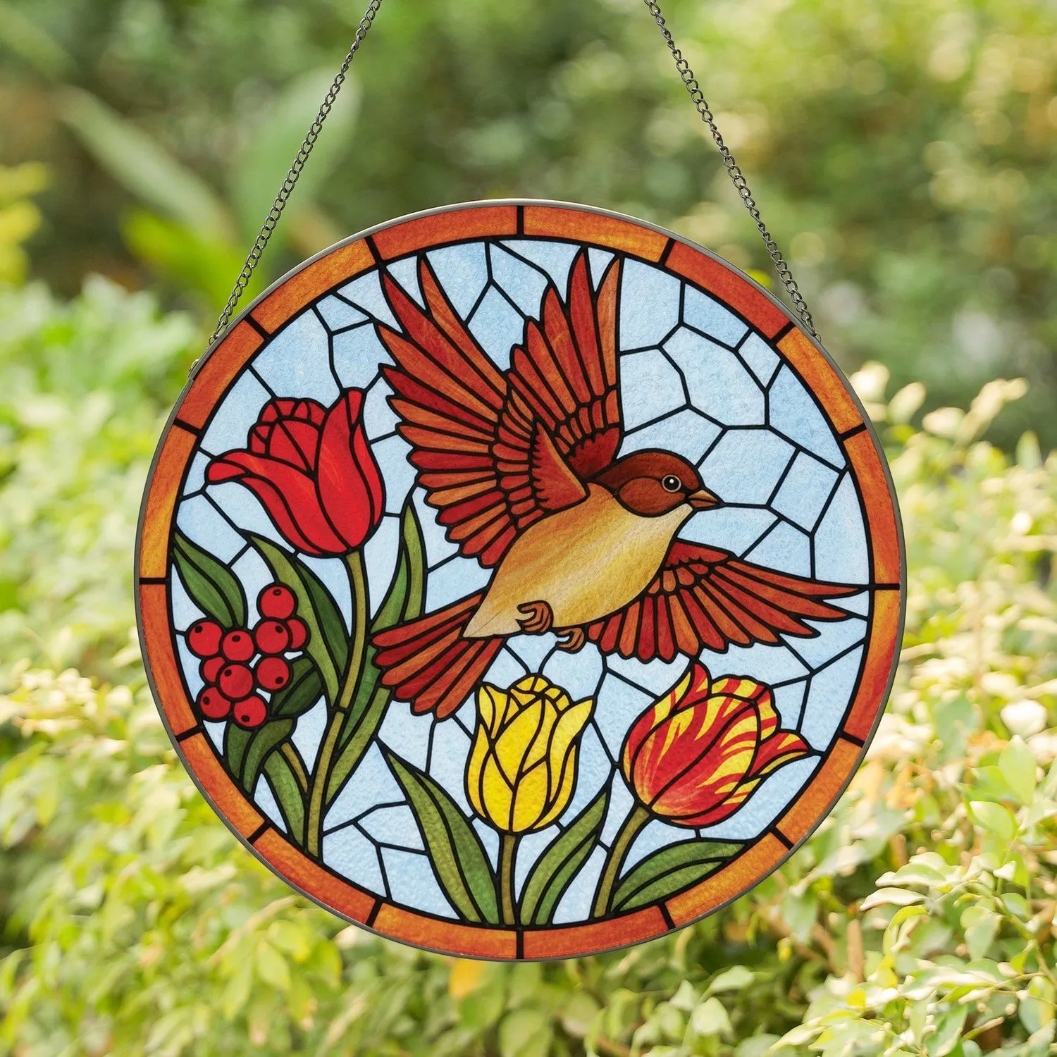 Plump Bird Tulips Red Berries Circular Frame Home Decor Gift for Wildlife Lover Stained Glass Suncatcher - 1