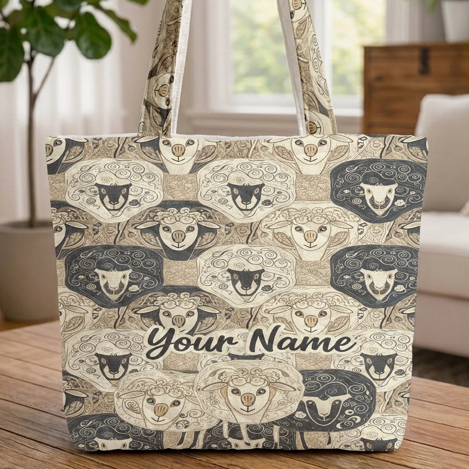Farm Animal Sheep Heads Personalized Everyday Carry Gift, Travel Essentials for Sheep Lover Quilted Tote Bag - 1
