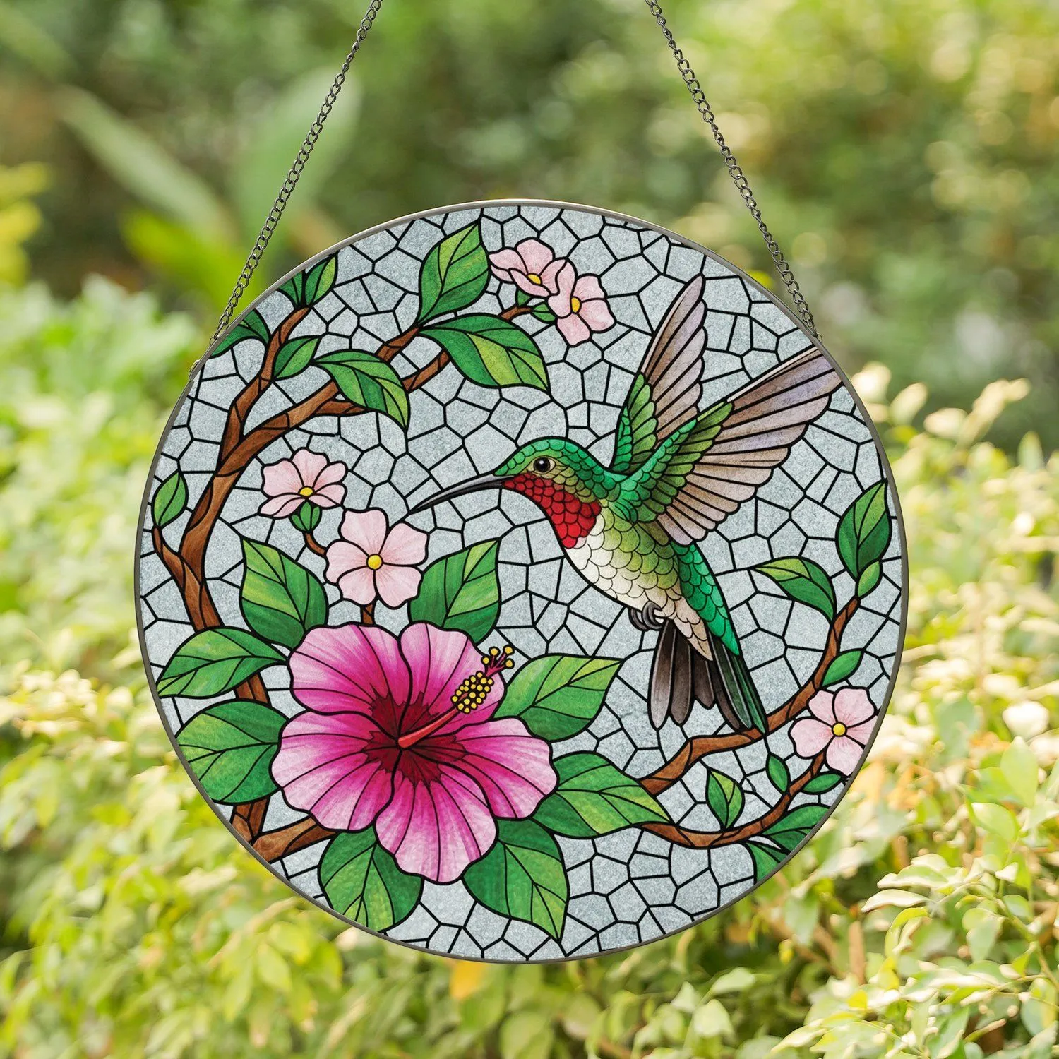 Iridescent Green Hummingbird Hibiscus Flower Mosaic - Nature Lover Home Decor Gift Stained Glass Suncatcher - 1