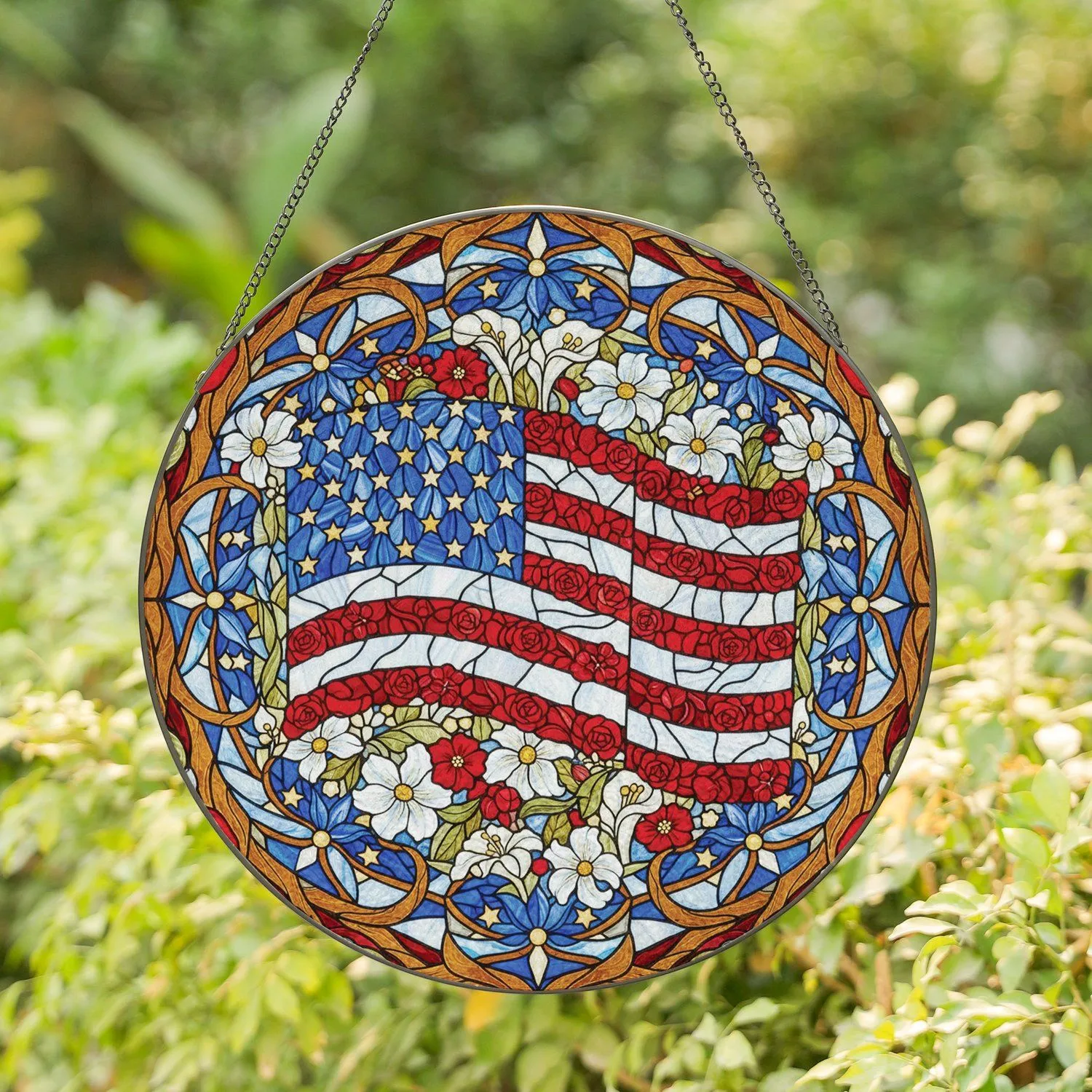 Floral American Flag Stained Glass Independence Day Home Decor Gift for Veterans Stained Glass Suncatcher - 1