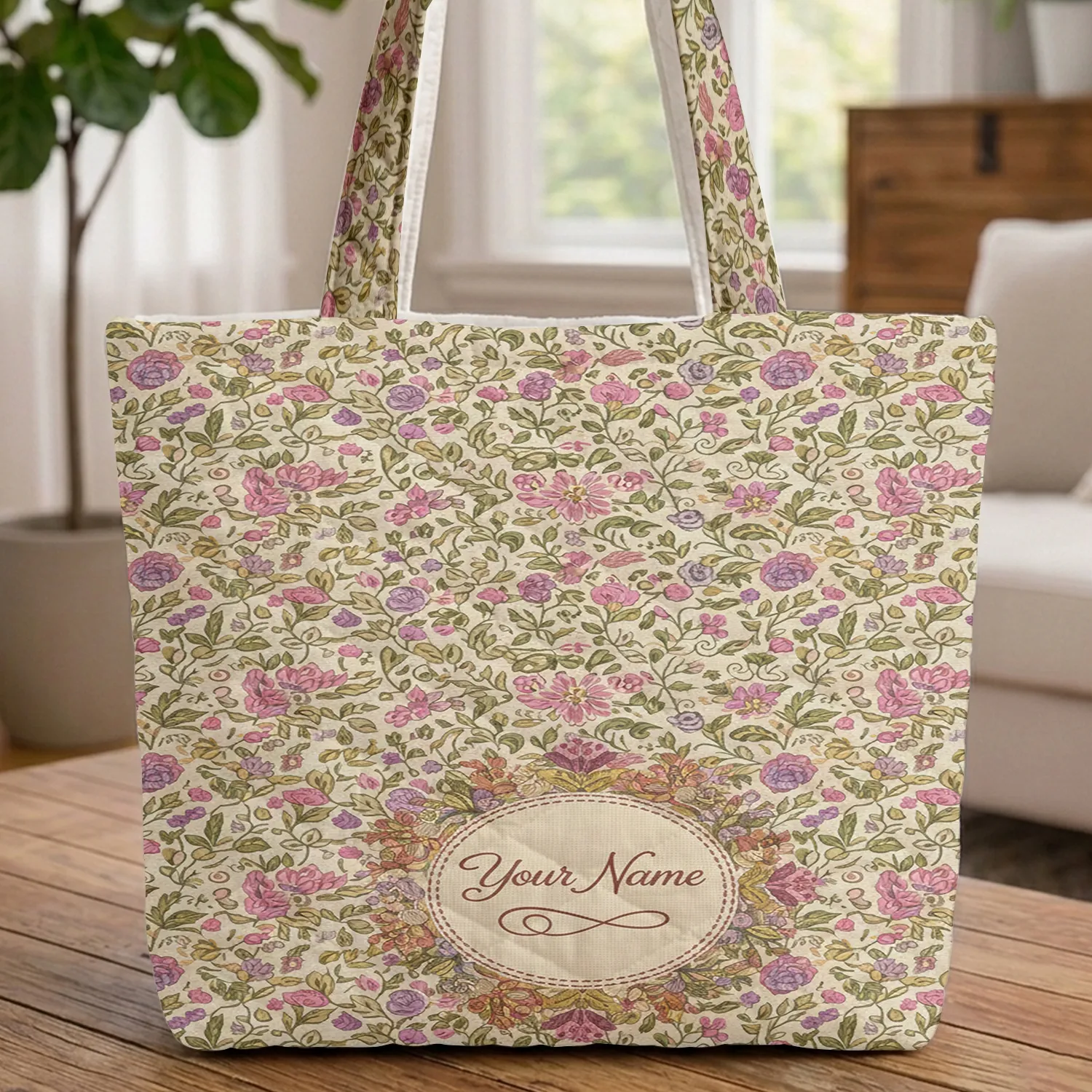 Ornate Richly Botanical Bouquet Flowing Vines Personalized Medallion - Everyday Carry Gift Quilted Tote Bag - 1
