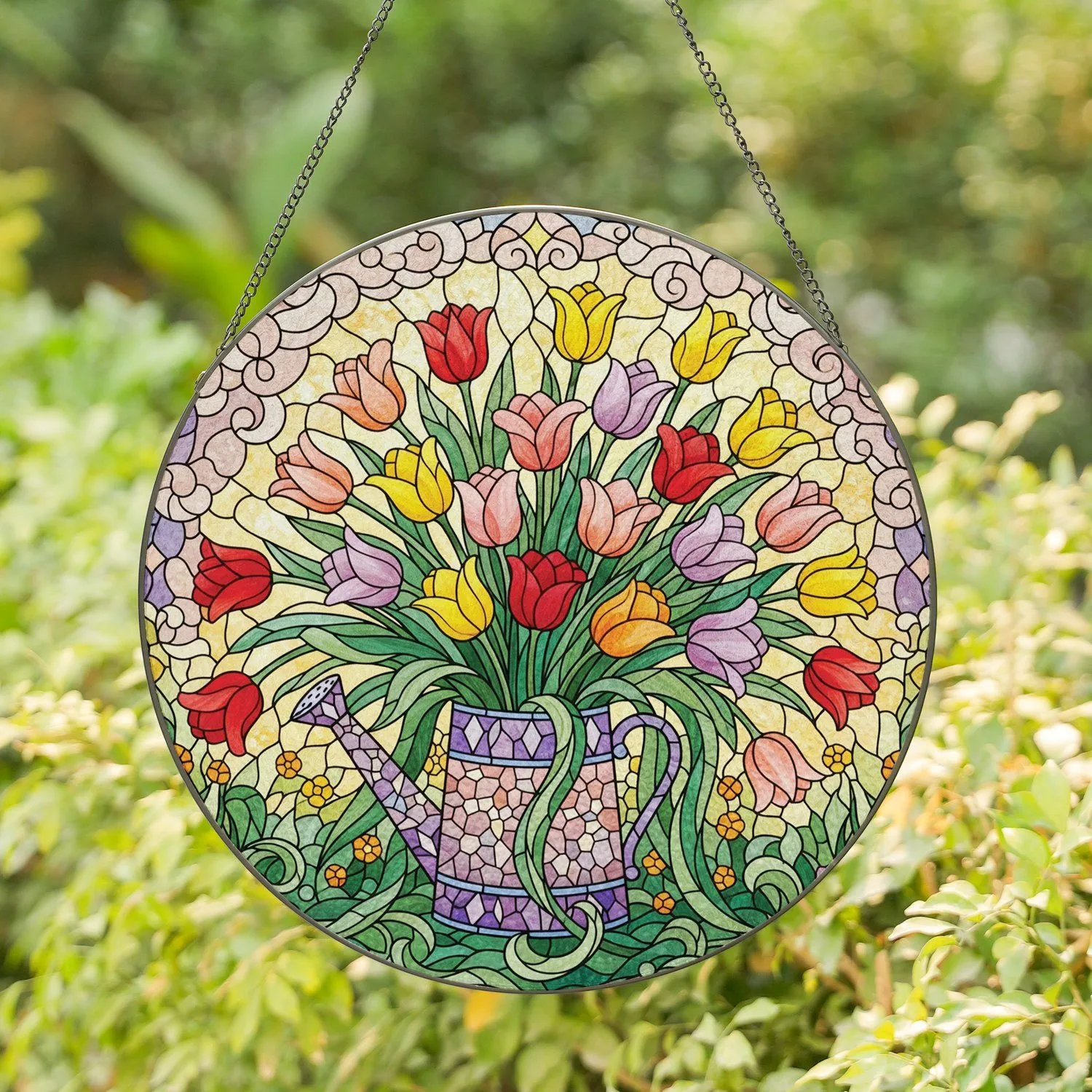Tulip Bouquet Mosaic Watering Can Garden Scene - Home Decor Gift for Flower Lover Stained Glass Suncatcher - 1