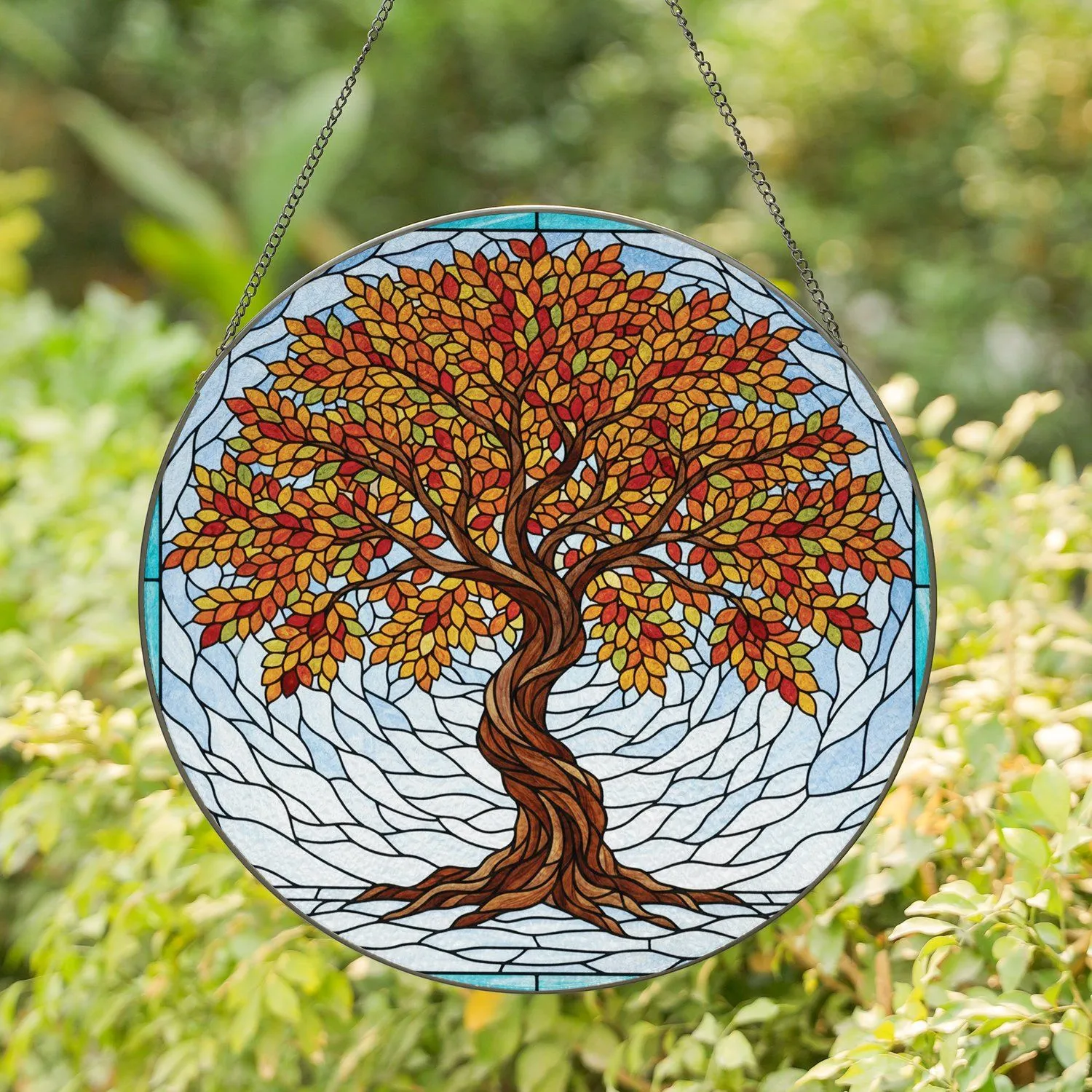 Gnarled Tree Mosaic Leaves Sky Land - Home Decor Gift for Nature Lover Stained Glass Suncatcher - 1