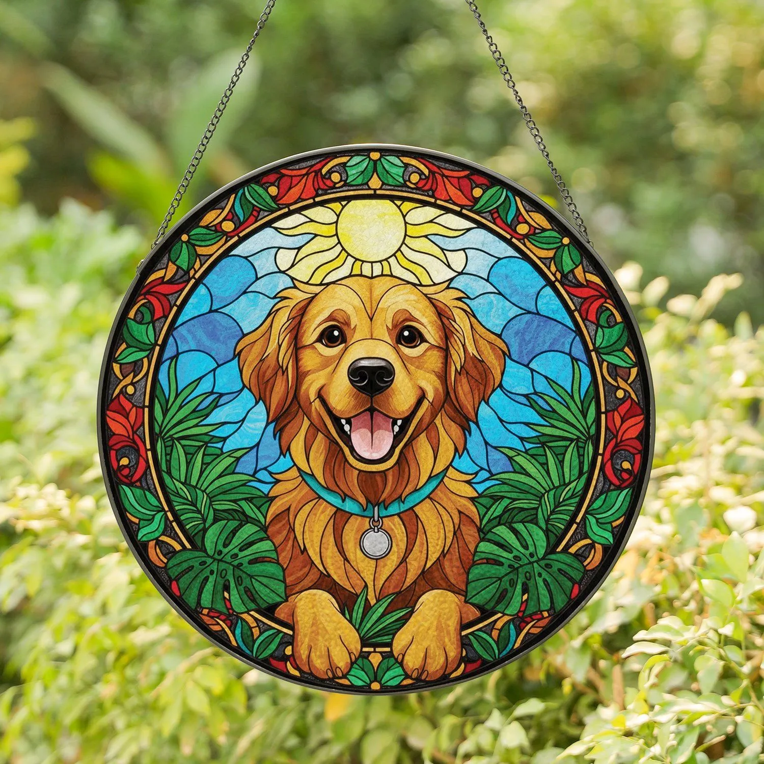 Happy Fluffy Golden Dog Sunny Sky Tropical Leaves - Home Decor Gift for Dog Lover Stained Glass Suncatcher - 1