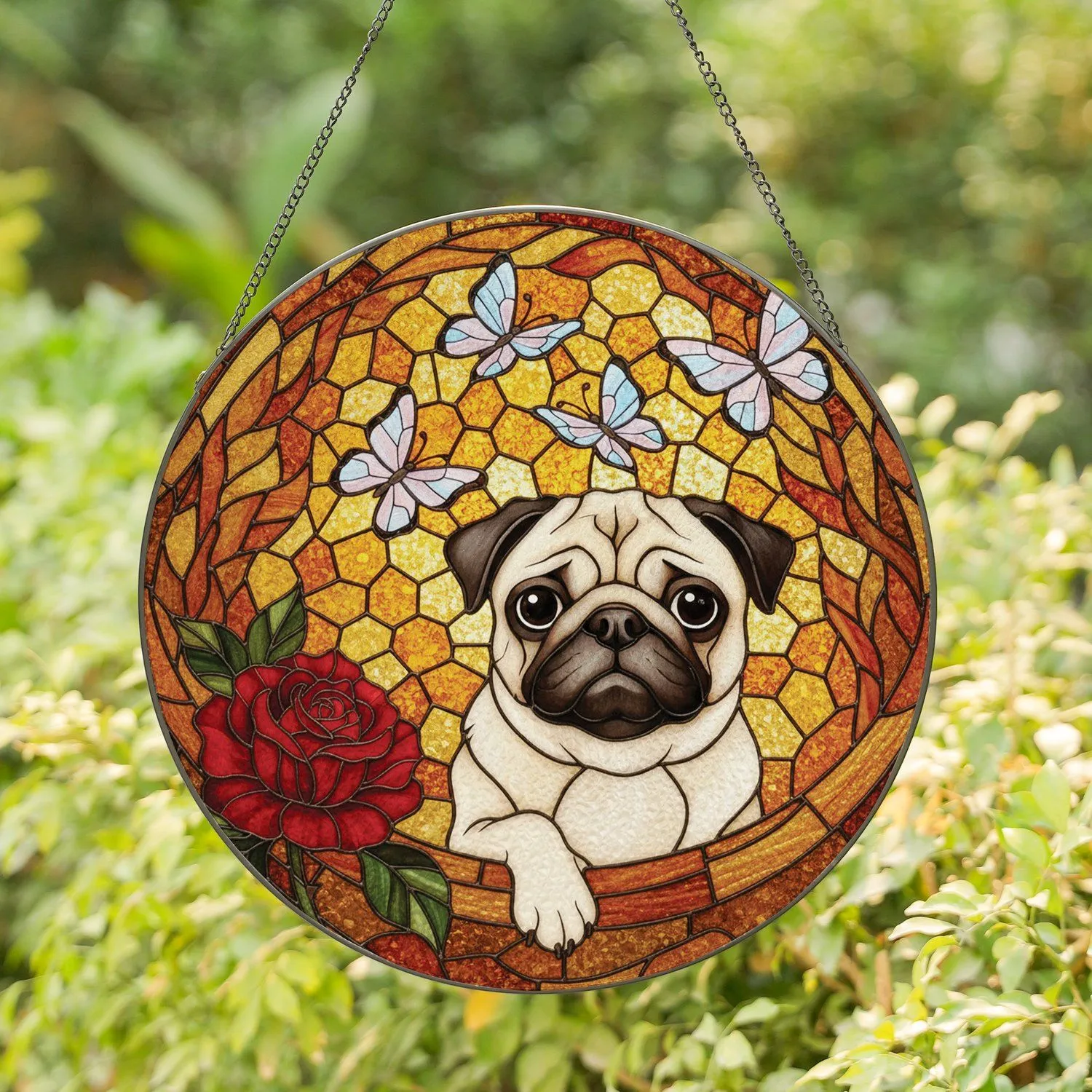 Pug Dog Rose Butterfly Floral - Window Display Home Decoration Gift for Pug Dog Owners Stained Glass Suncatcher - 1
