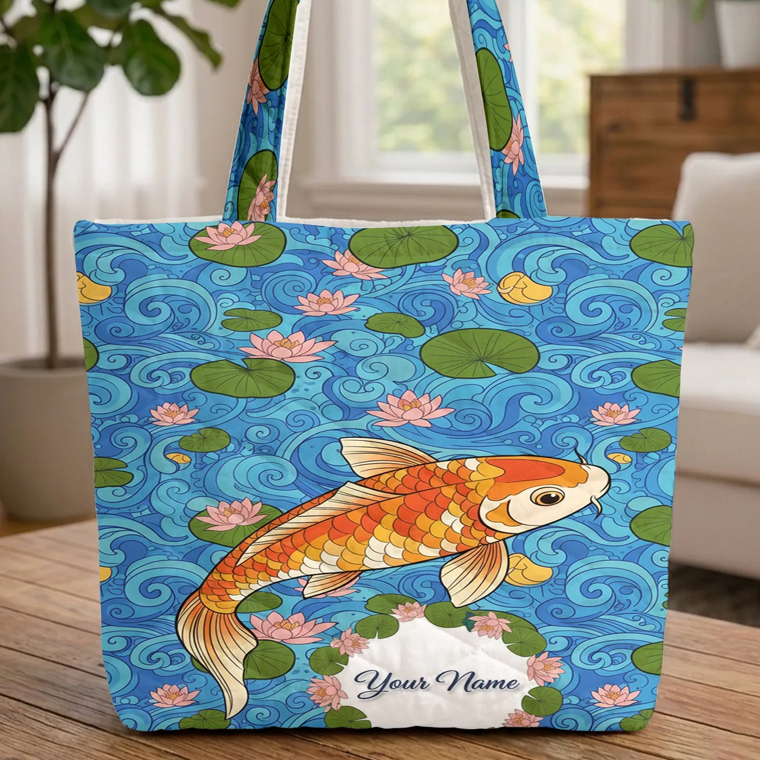 Ornate Koi Fish Water Lily Wreath Swirling Water - Everyday Carry Gift for Koi Lover Quilted Tote Bag - 1