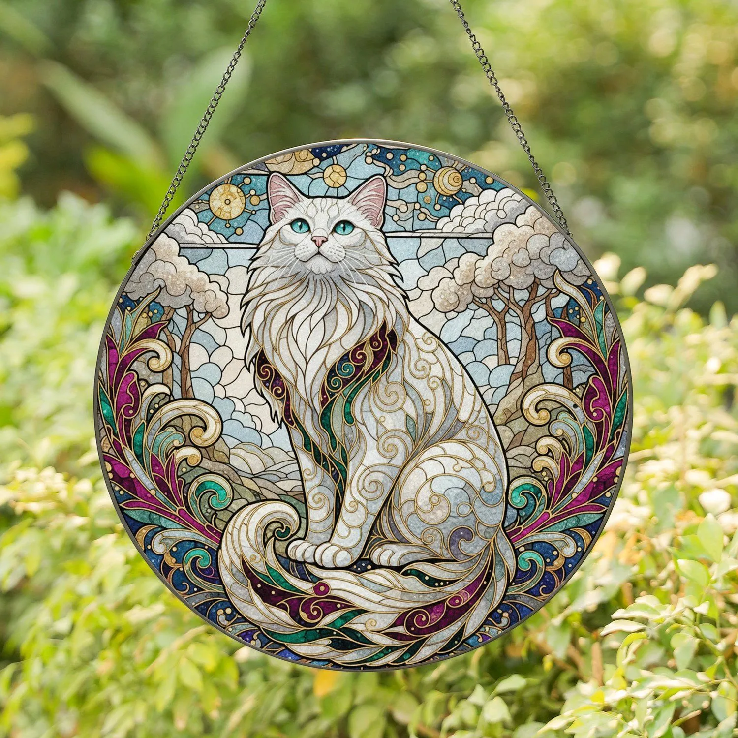 Tiffany White Cat Turquoise Eyes Swirling Floral Landscape Home Decor Gift for Cat Lover Stained Glass Suncatcher - 1