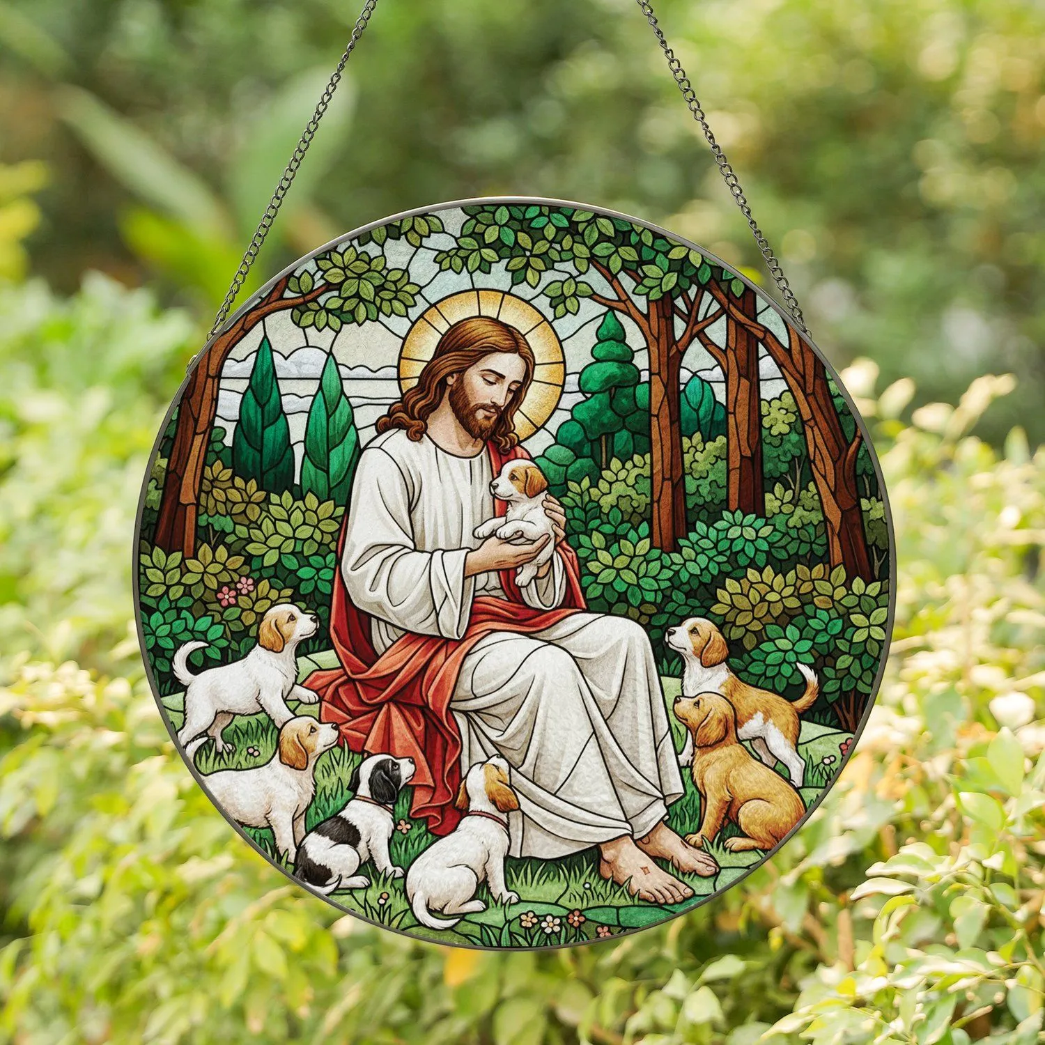 Jesus Christ Puppies Forest Scene - Christian Dog Lover Home Decor Gift Stained Glass Suncatcher - 1
