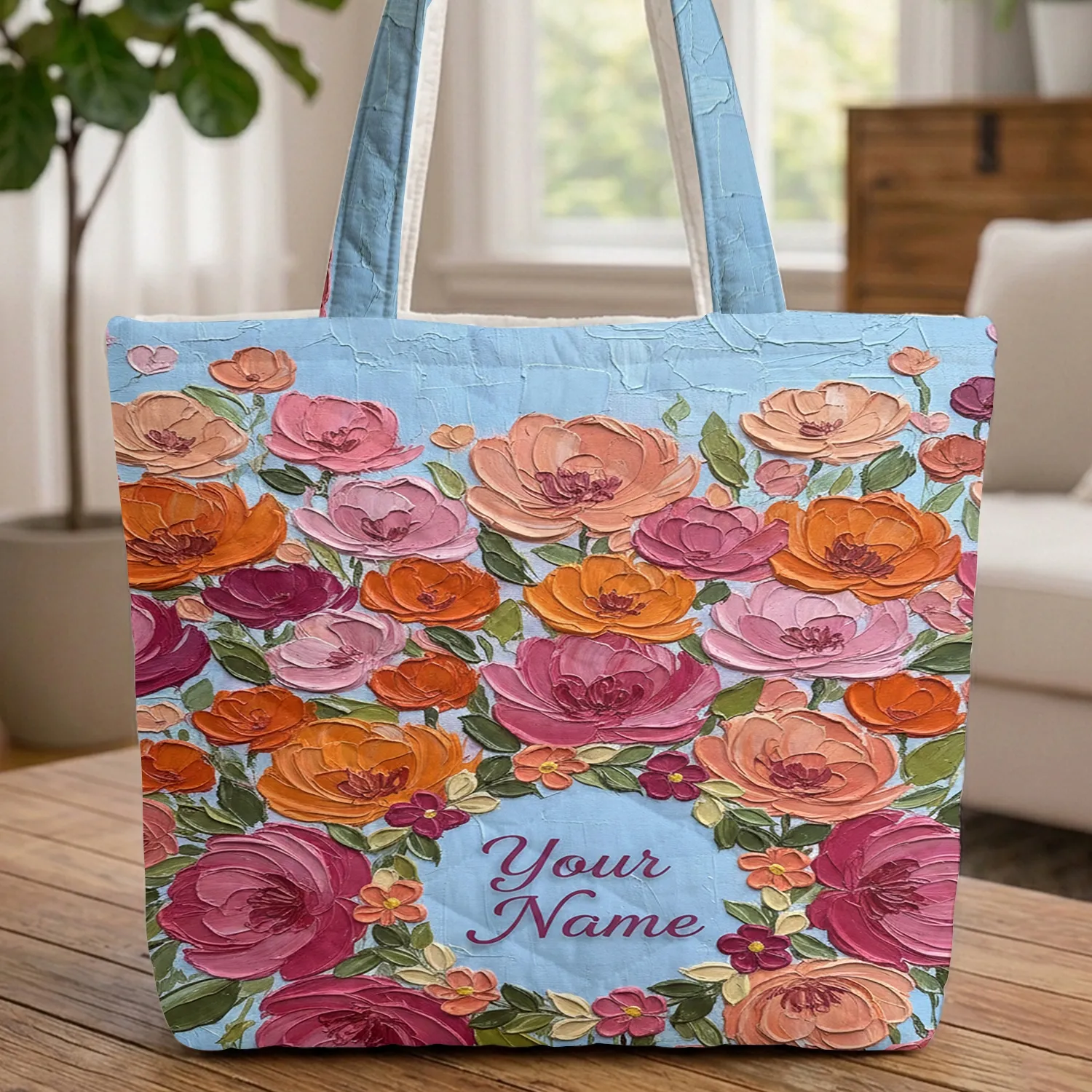 Textured Impasto Floral Wreath Personalized Name - Everyday Carry Gift Quilted Tote Bag - 1