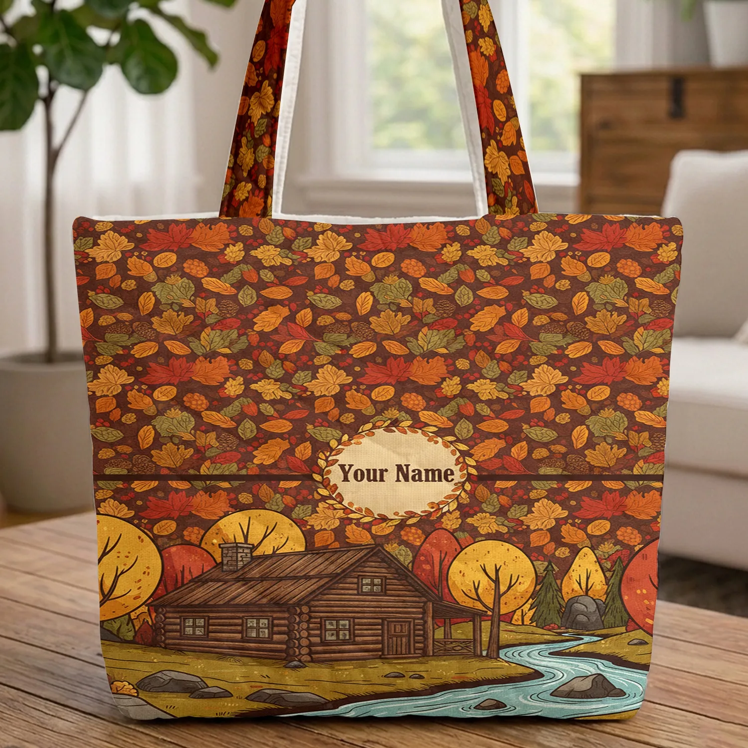 Rustic Log Cabin River, Autumn Leaves, Personal Name – Everyday Carry Gift Quilted Tote Bag - 1