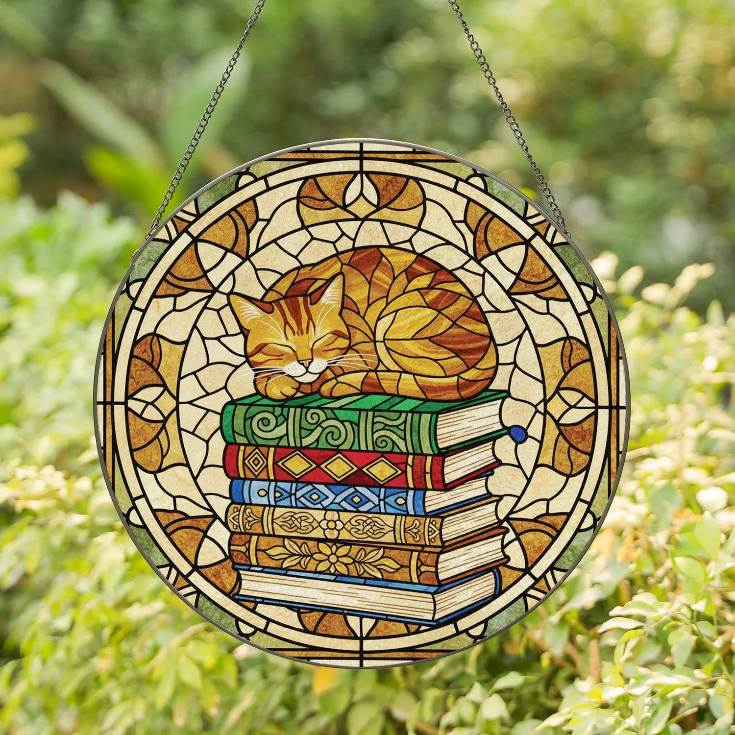 Sleepy Tabby Cat Stacked Books Stained Glass - Home Decor Gift for Cat Lover Stained Glass Suncatcher - 1