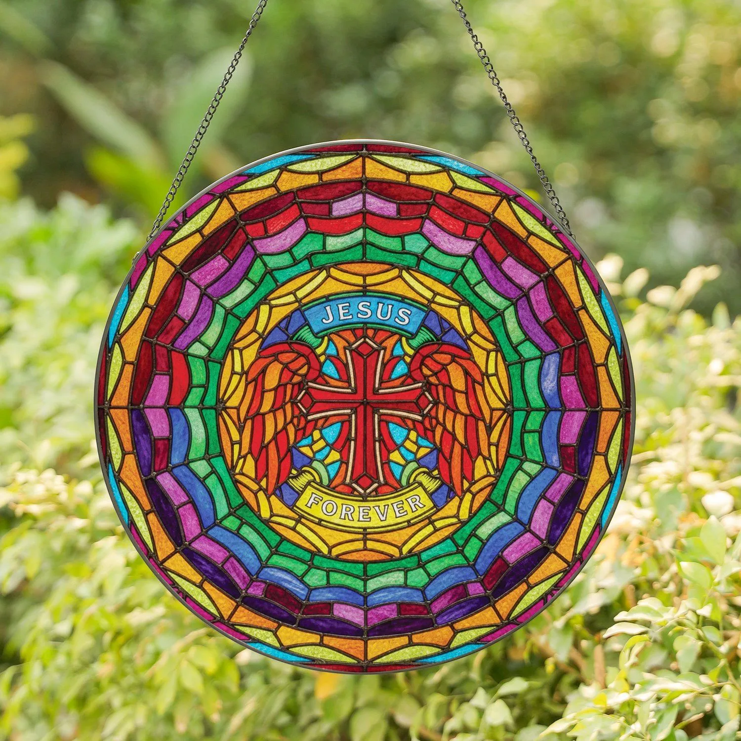 Red Cross Feathered Wings JESUS FOREVER Rainbow Ring Christian Faith Home Decor Gift Stained Glass Suncatcher - 1