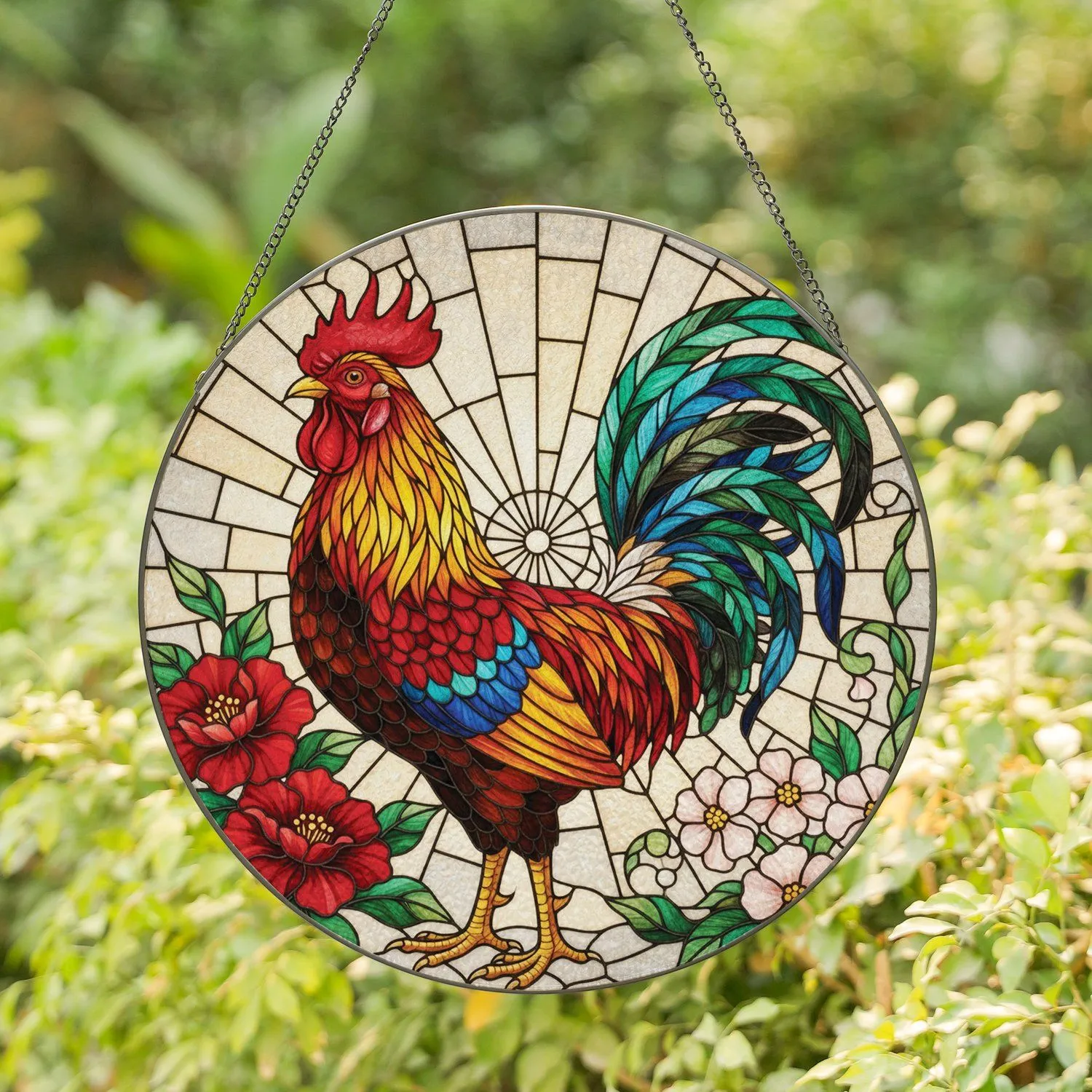 Majestic Rooster Floral Tiffany Stained Glass - Farmhouse Home Decor Gift for Bird Lover Stained Glass Suncatcher - 1