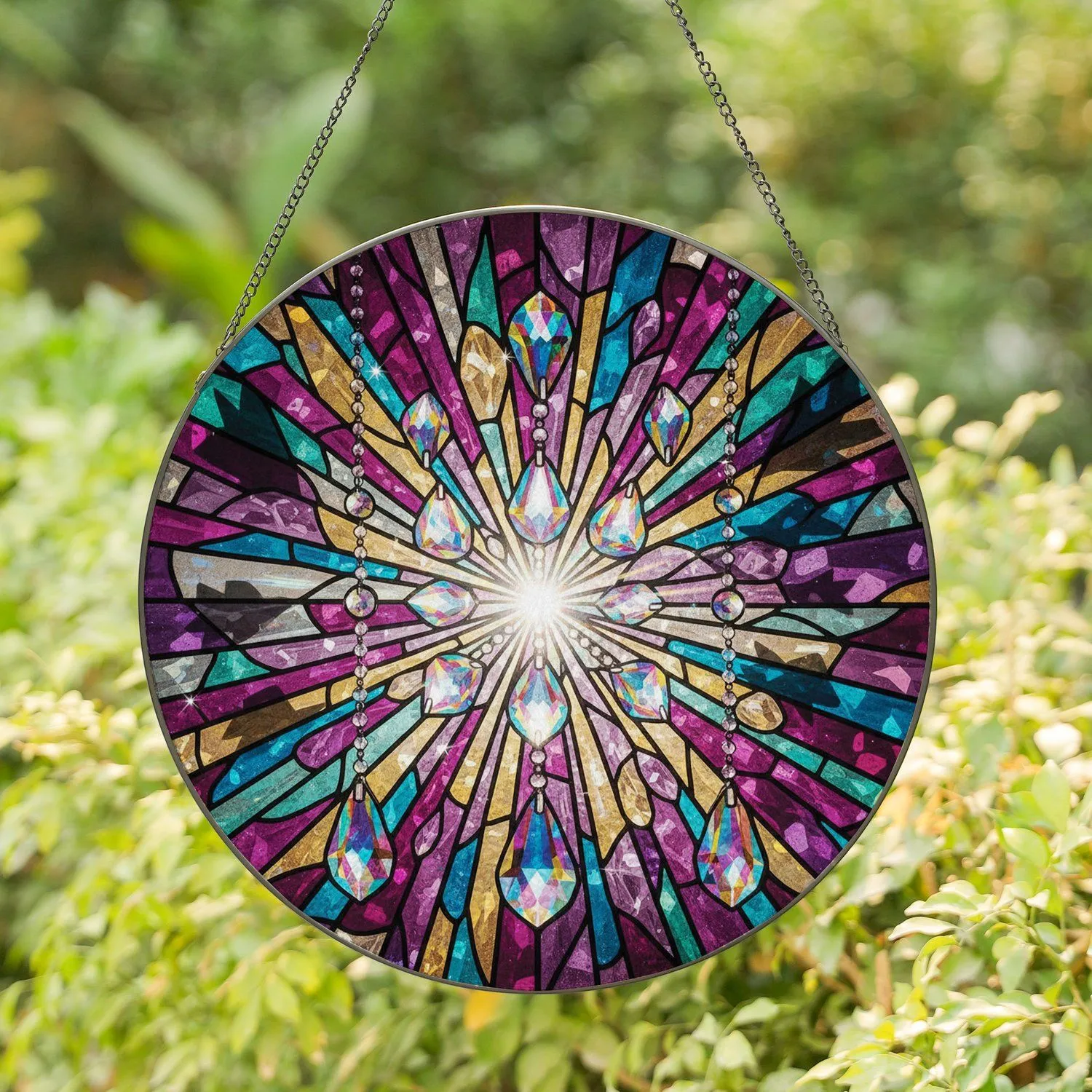 Iridescent Crystal Teardrop Prisms Stained Glass Starburst Mosaic - Home Decor Gift Stained Glass Suncatcher - 1