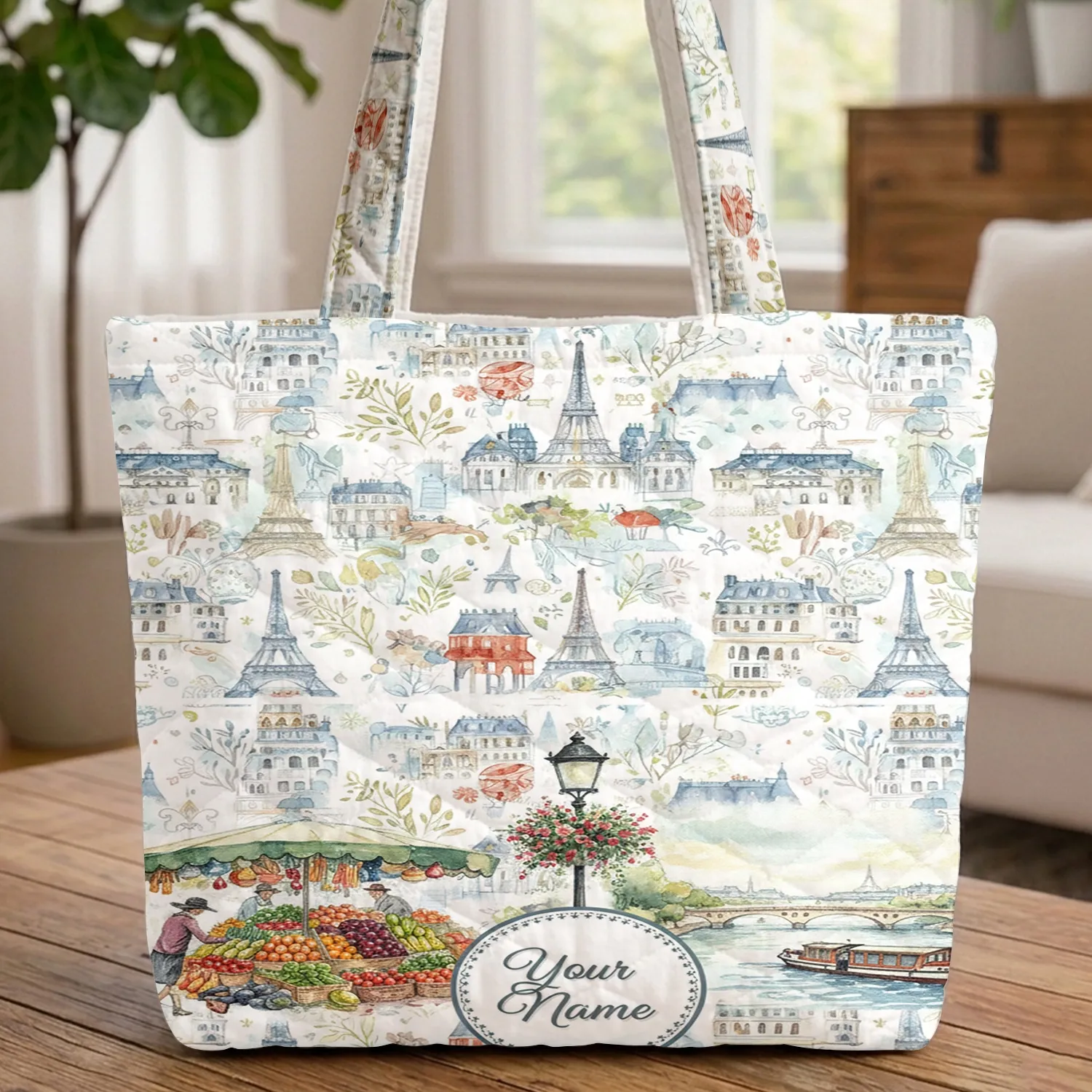 Parisian River Market Scene Personal Medallion - Travel Essentials Gift Quilted Tote Bag - 1