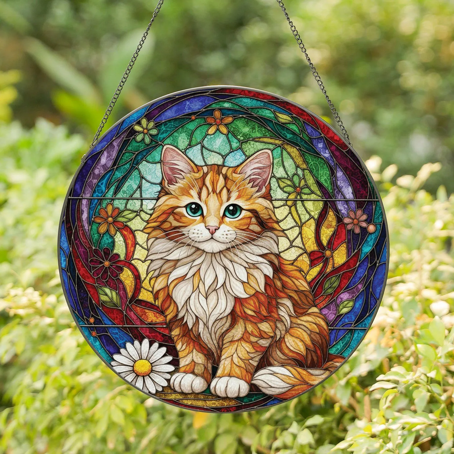 Calico Kitten Daisy Flower Refracted Light Stained Glass Home Decor Gift Stained Glass Suncatcher - 1