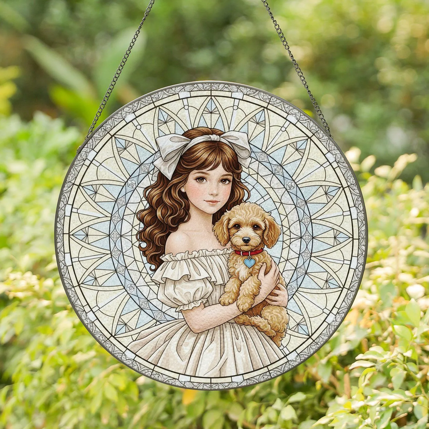 Stained Glass Girl Poodle Puppy Circular Motif - Home Decor Gift for Poodle Lovers Stained Glass Suncatcher - 1