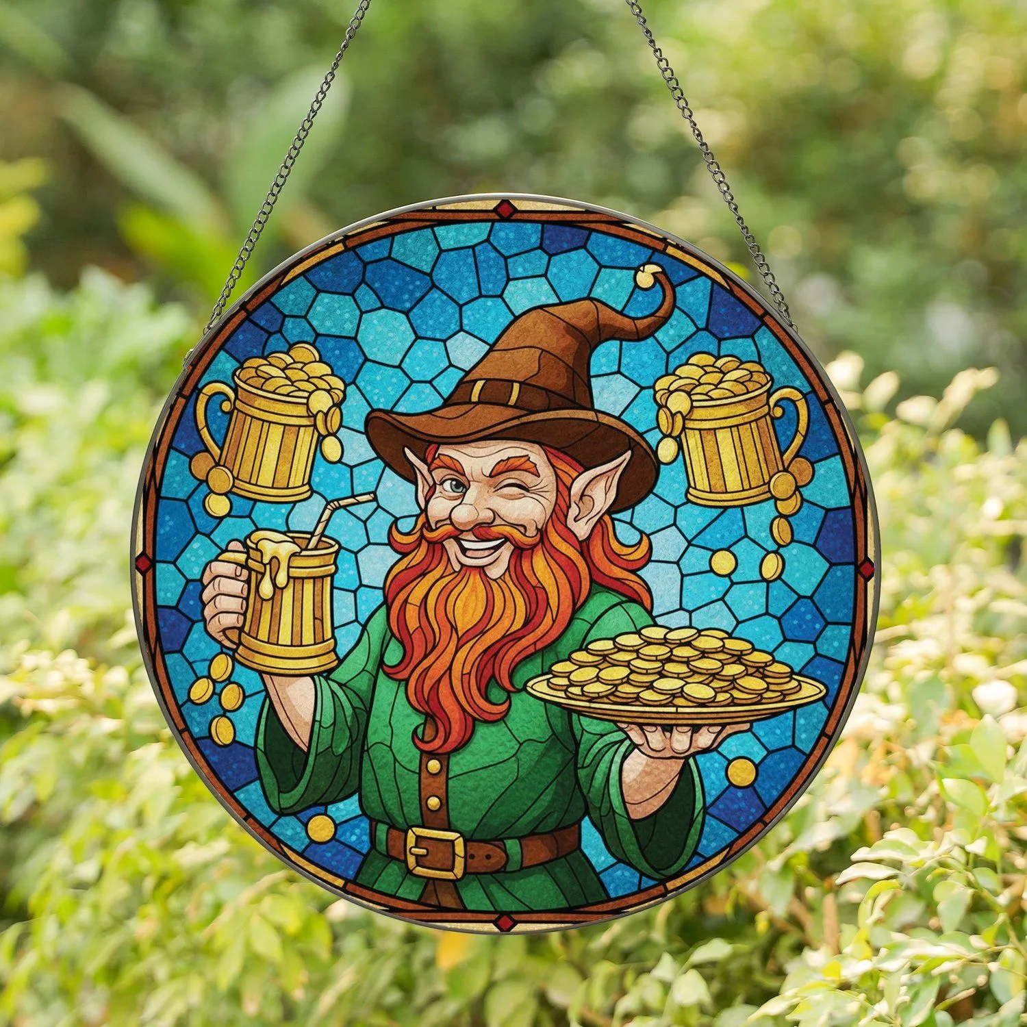 Jovial Winking Leprechaun Tiffany Stained Glass Overflowing Gold Coins - Home Decor Gift Stained Glass Suncatcher - 1
