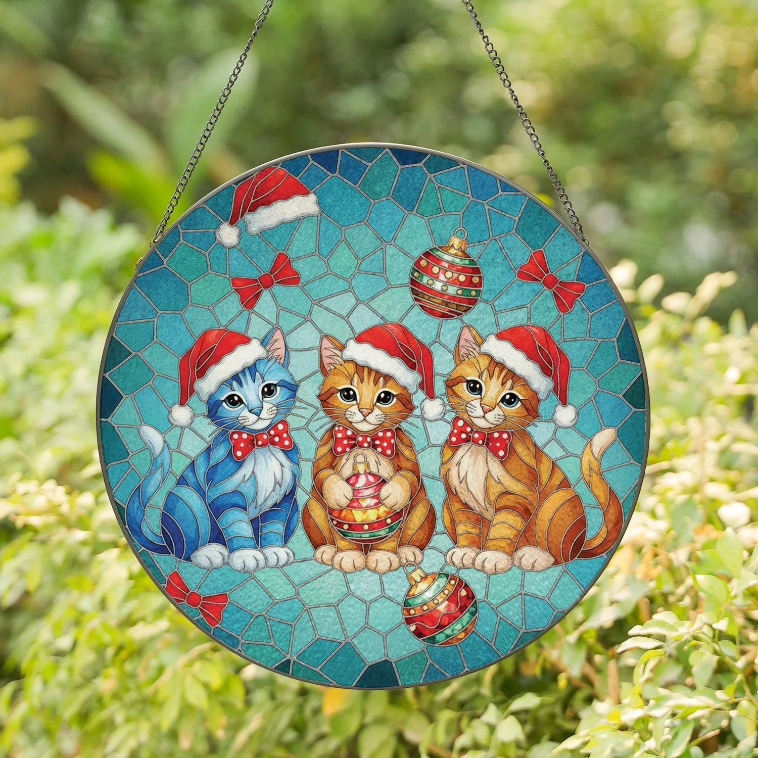 Three Kittens Santa Hat Christmas Ornament - Christmas Gift for Kitten Lover Stained Glass Suncatcher - 1