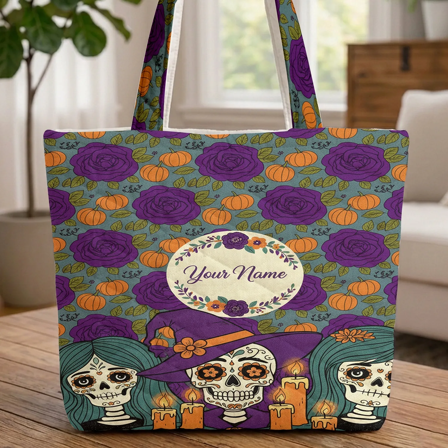 Ornate Sugar Skull Witch Hat Roses Pumpkin Personalized - Halloween Carry Gift Quilted Tote Bag - 1