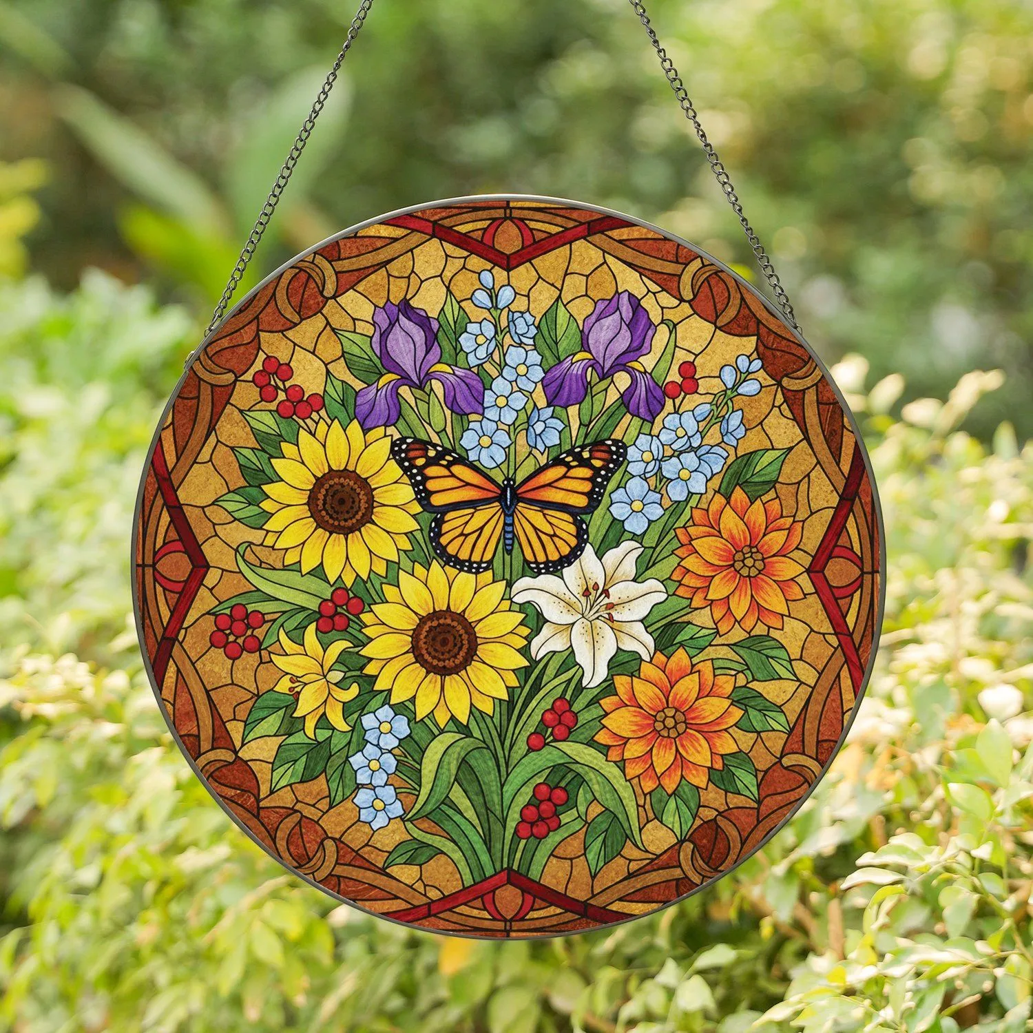 Monarch Butterfly Floral Bouquet Stained Glass Swirling Leaf Home Decor Gift for Butterfly Lover Stained Glass Suncatcher - 1