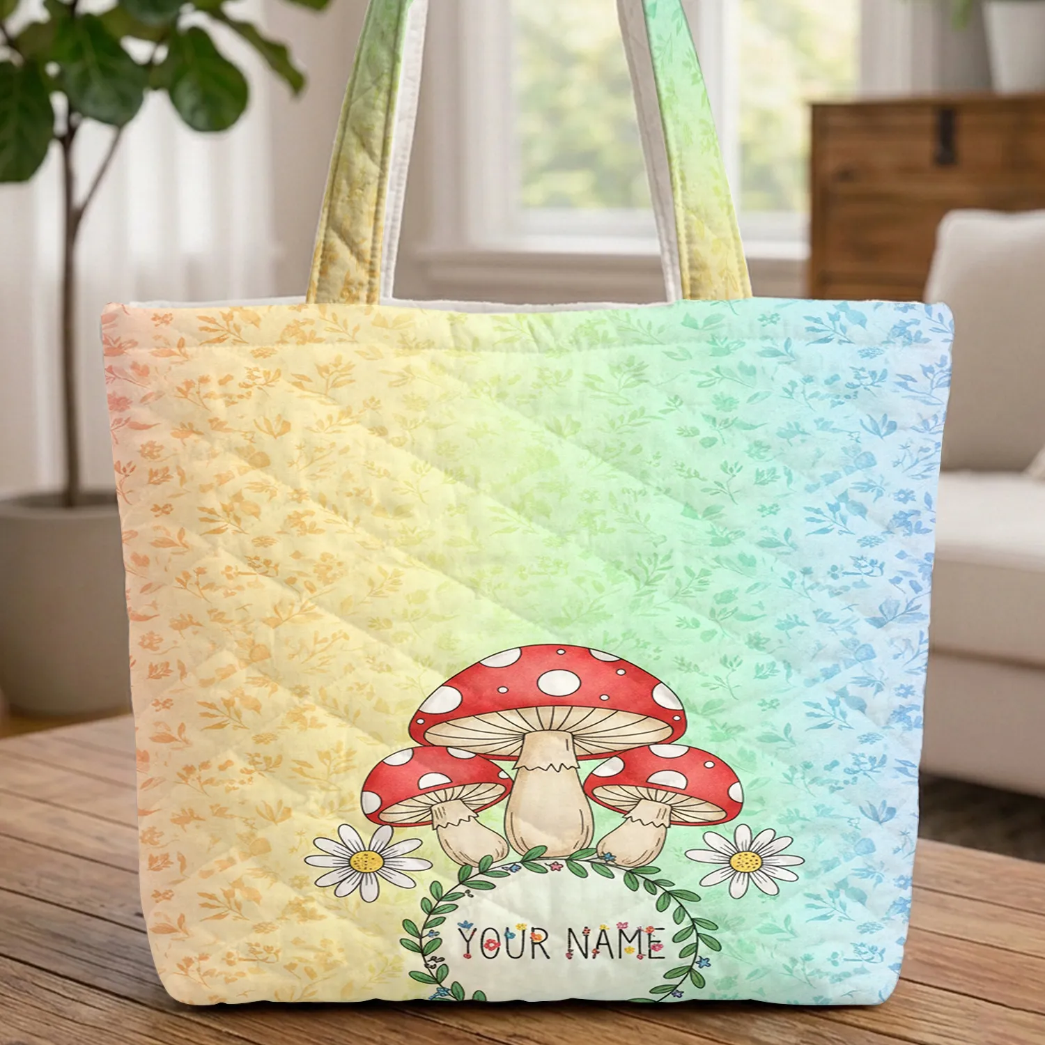 Red Polka Dot Mushroom Daisy Rainbow Floral Wreath - Everyday Carry Gift Quilted Tote Bag - 1