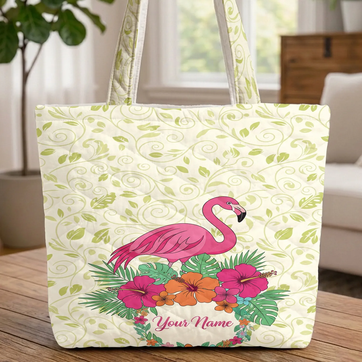 Elegant Pink Flamingo Tropical Floral Personalized - Everyday Carry Gift Quilted Tote Bag - 1