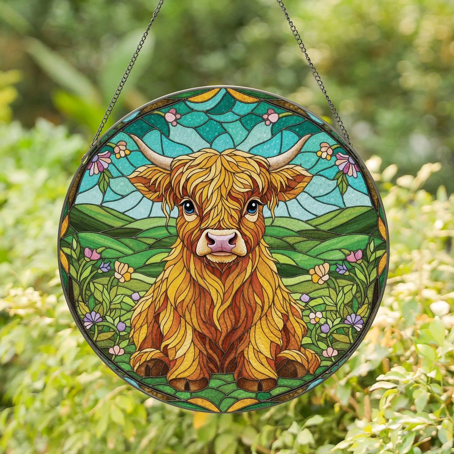 Baby Highland Cow Green Hills Floral - Farmhouse Home Decor Gift for Cow Lover Stained Glass Suncatcher - 1