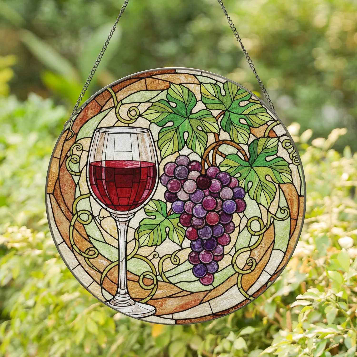 Red Wine Glass Deep Purple Grapes Green Tendrils Leaves - Kitchen Decor Gift for Wine Lover Stained Glass Suncatcher - 1