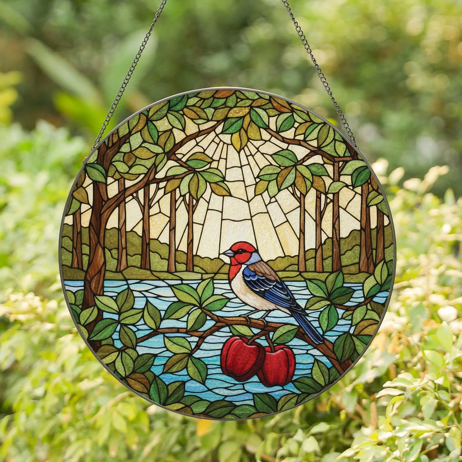 Small Colorful Bird Perched Branch Red Apples Woodland Scene - Home Decor Gift for Wildlife Lover Stained Glass Suncatcher - 1