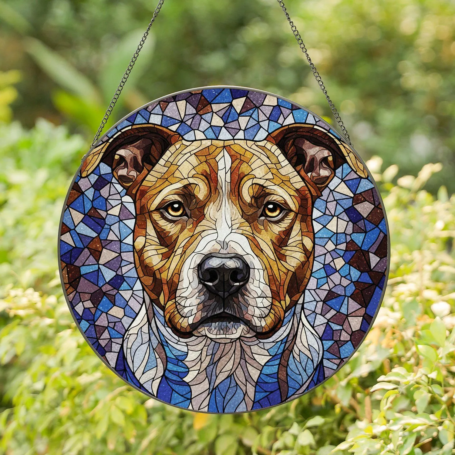 Pitbull Dog Stained Glass Portrait Golden Eyes Jewel Tone Home Decor Gift Stained Glass Suncatcher - 1