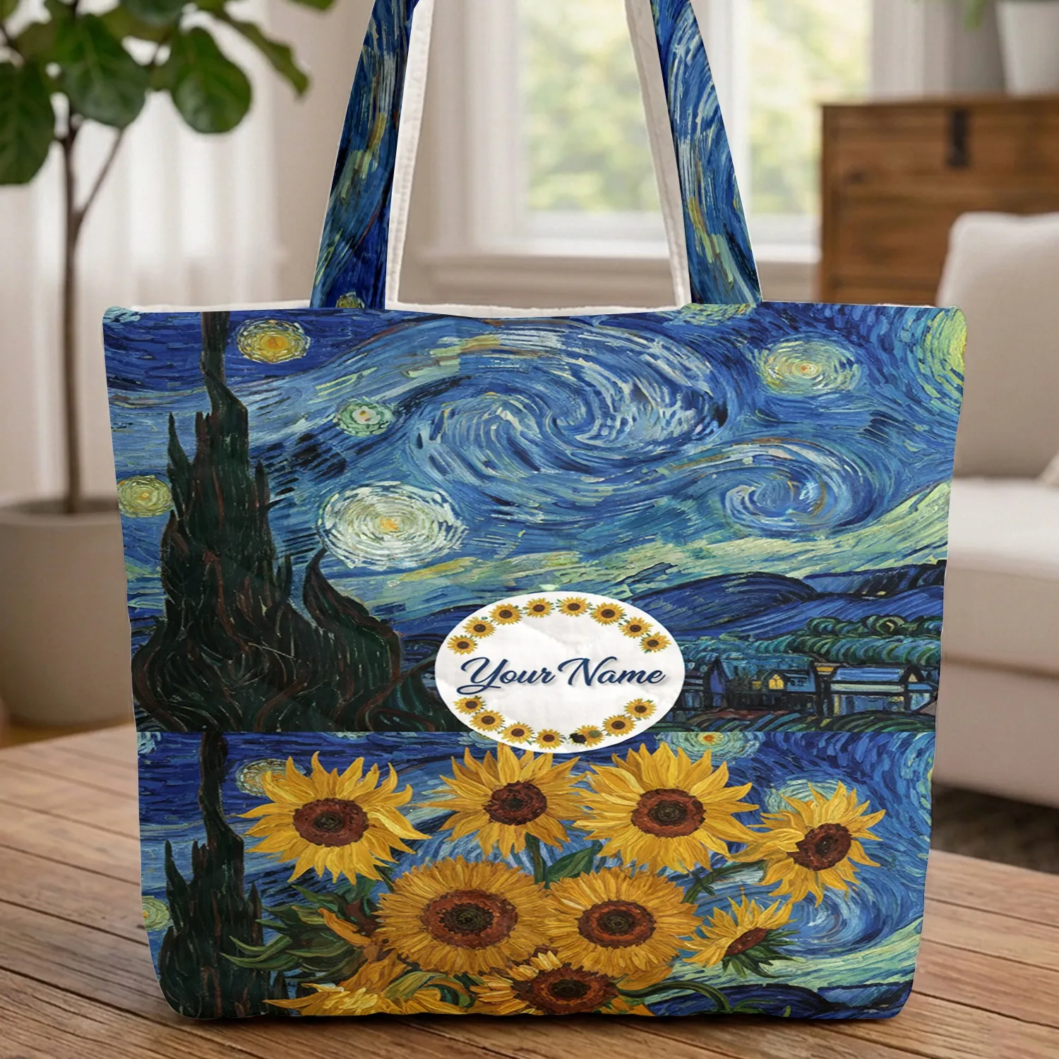 Personalized Sunflowers Wreath Starry Sky Rolling Hills Houses - Everyday Carry Gift Quilted Tote Bag - 1