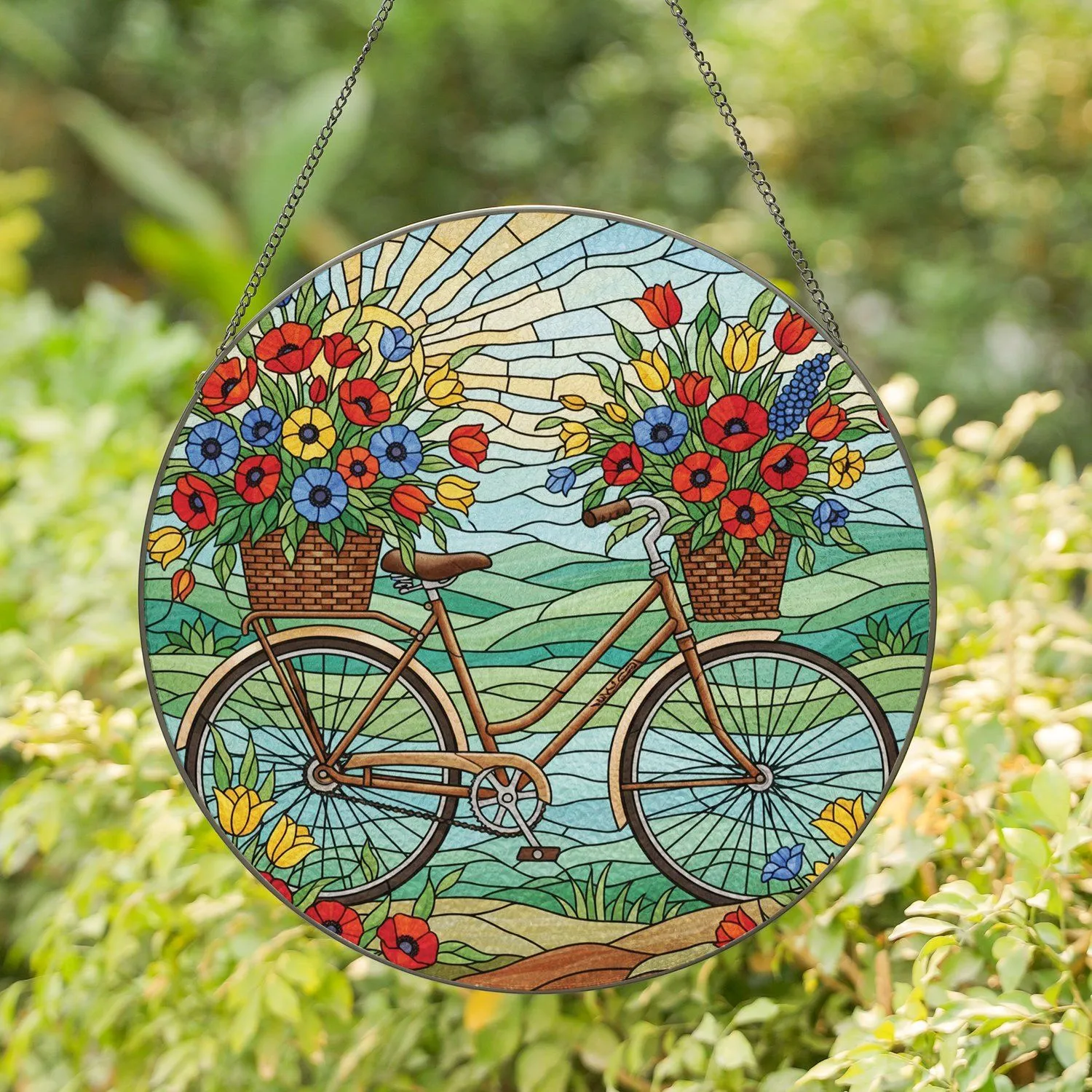 Vintage Bicycle Wildflowers Rolling Hills Sunlit Sky - Home Decor Gift for Nature Lover Stained Glass Suncatcher - 1