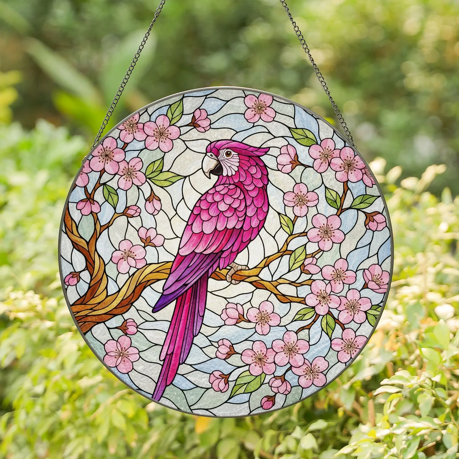 Magenta Parrot Cherry Blossom Stained Glass - Home Decor Gift for Bird Lovers Stained Glass Suncatcher - 1
