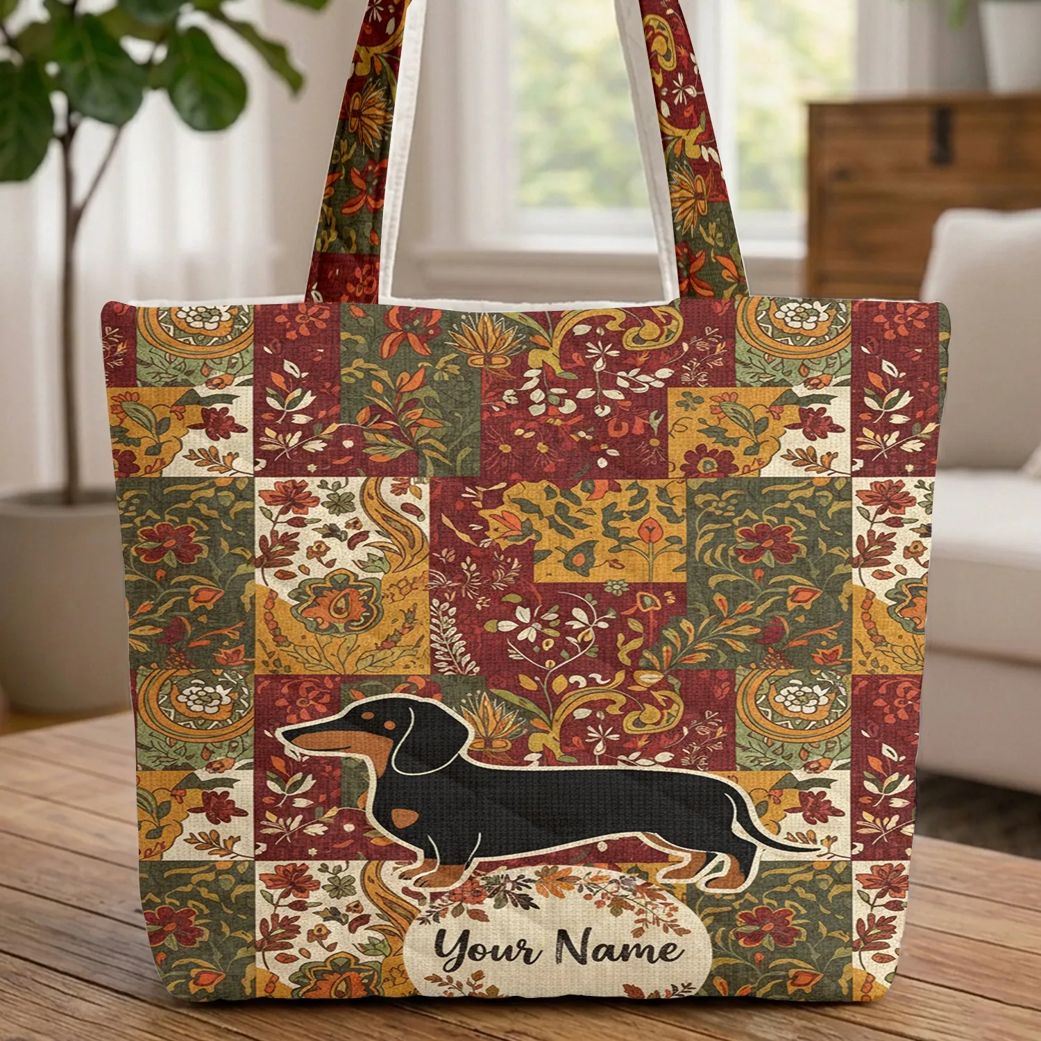 Black and Tan Dachshund Floral Wreath - Everyday Carry Gift for Dachshund Lover Quilted Tote Bag - 1