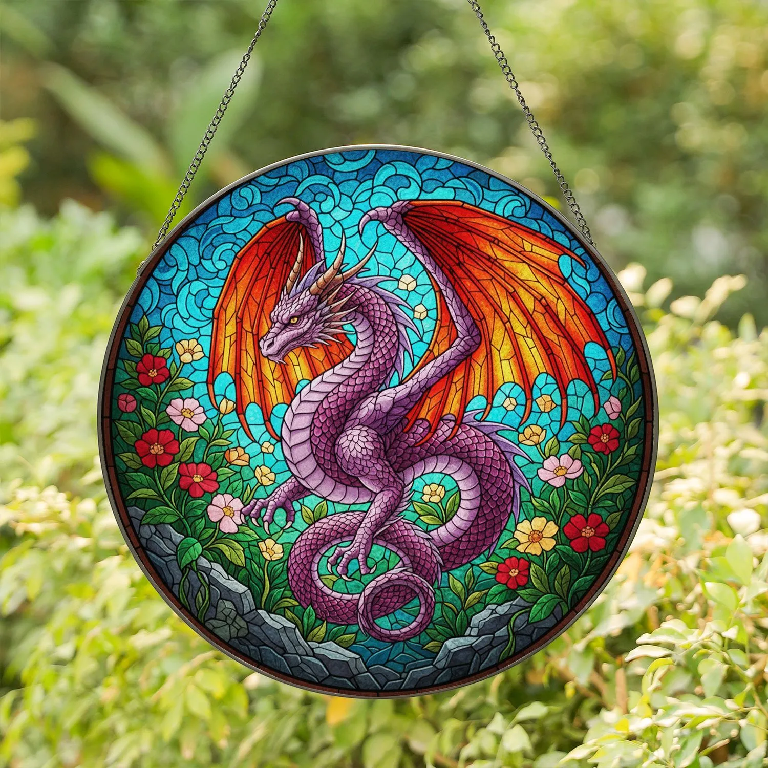 Fiery Winged Dragon Green Foliage Blossoms Craggy Rocks Wood Border Home Decor Gift for Dragon Lover Stained Glass Suncatcher - 1