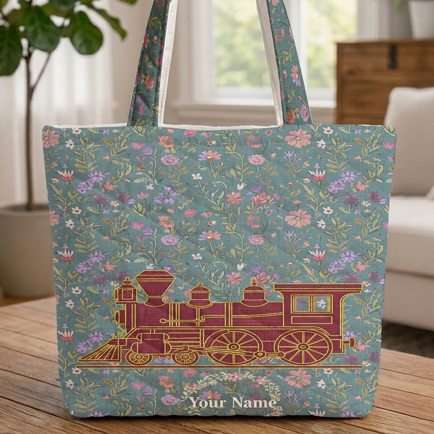 Vintage Steam Locomotive Wildflower - Everyday Carry Gift for Train Lover Quilted Tote Bag - 1