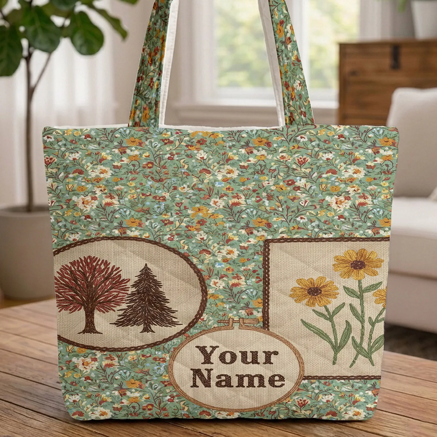 Wildflower Leaf Tree Patches Hoop - Everyday Carry Gift Quilted Tote Bag - 1