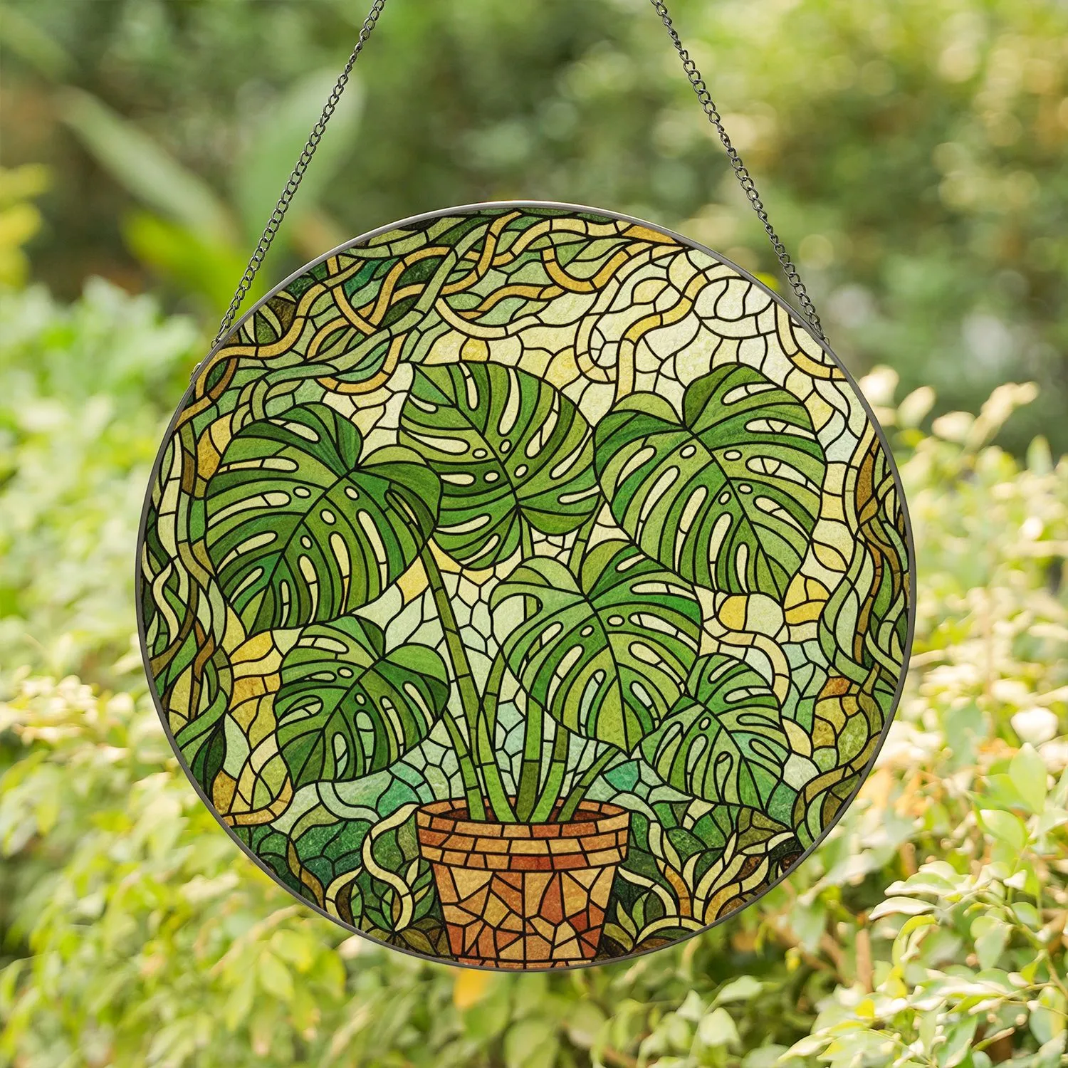 Monstera Deliciosa Leaves Pot Botanical Canopy Sunlight - Home Decor Gift for Plant Parents Stained Glass Suncatcher - 1